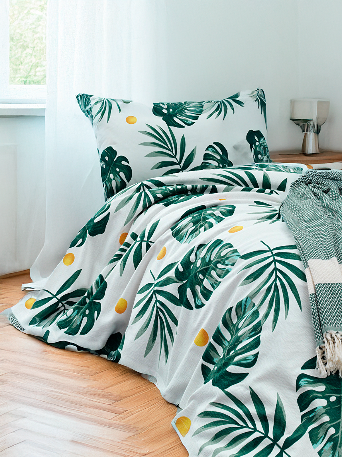 UPSTYLE Doğal Pike Baskılı  140x230cm Monstera Yeşil