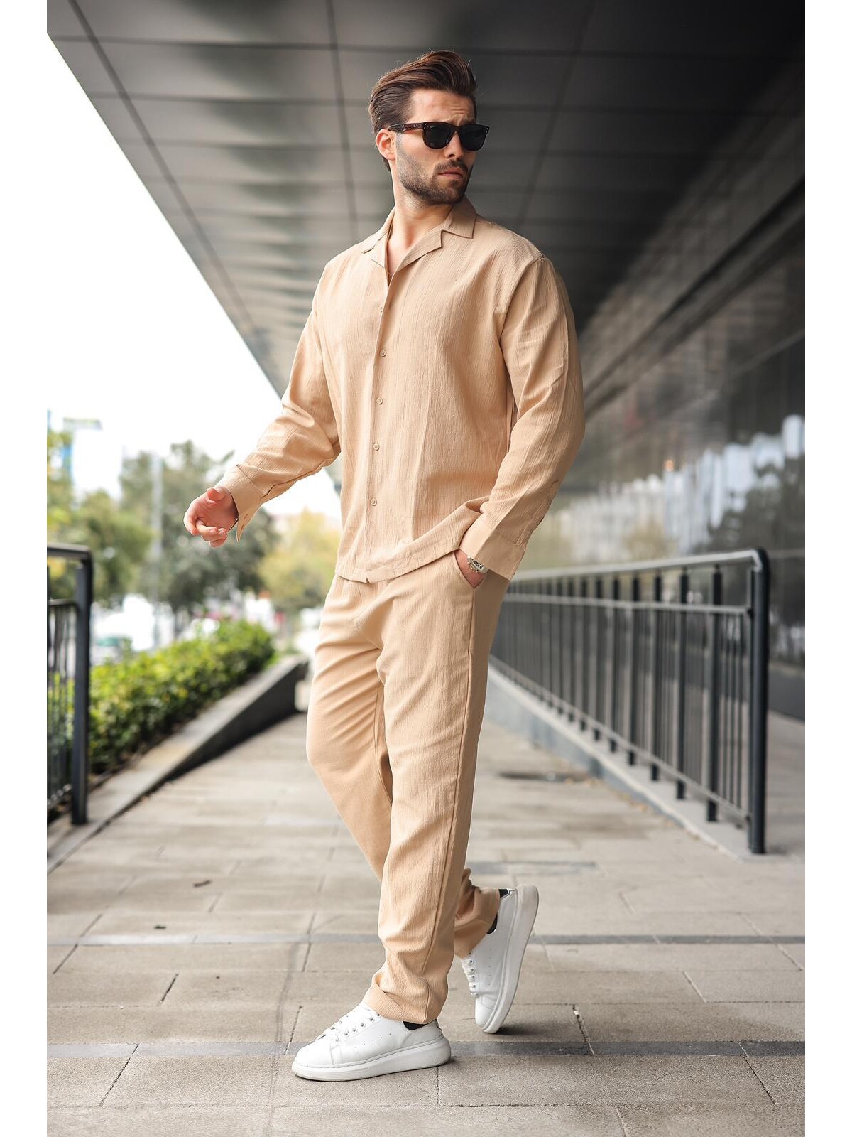 Madmext Bej Düğmeli Basic Erkek Gömlek Pantolon Takım E7335
