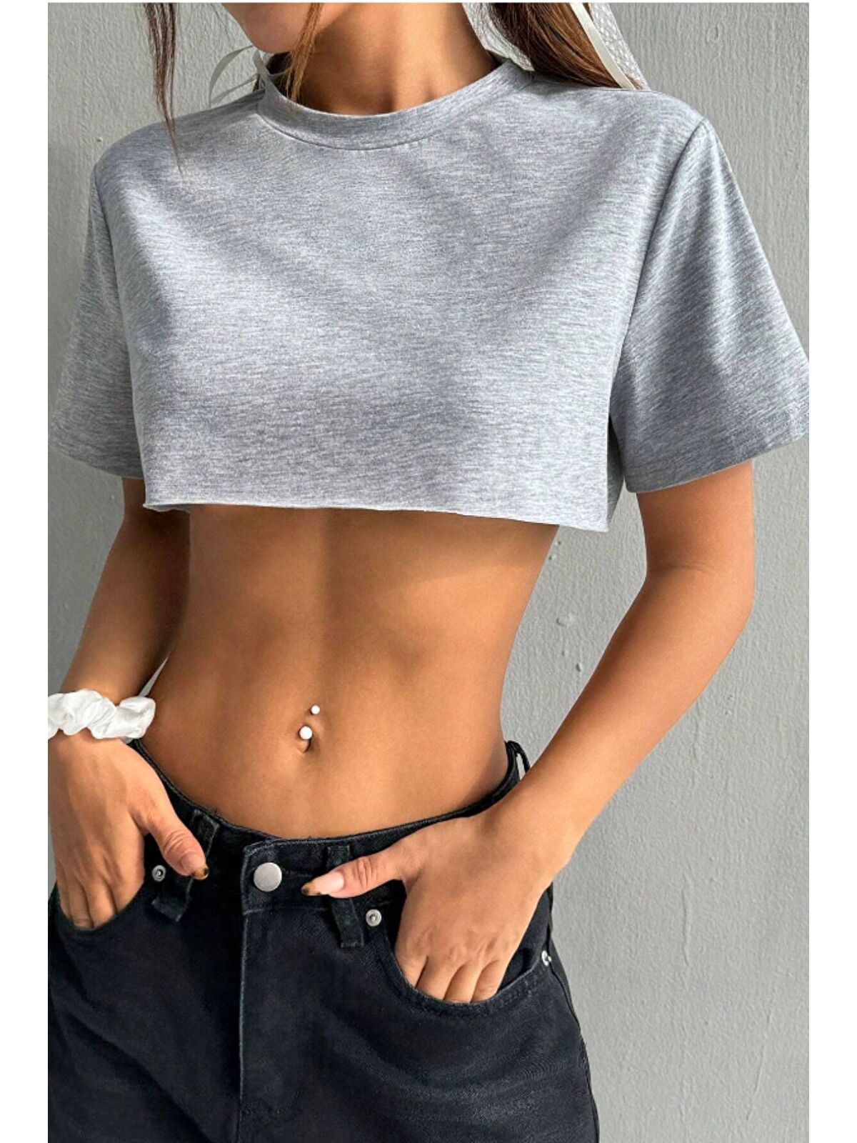 Tarz Cool Kadın Gri Bisiklet Yaka Oversize Crop T-Shirt