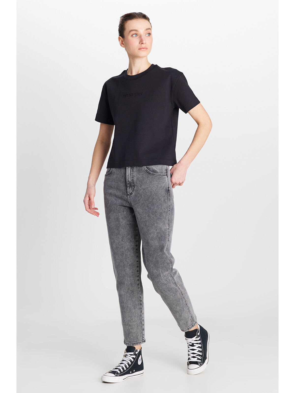 Wrangler Mom Fit Yüksek Bel Dar Paça Açık Gri Pamuklu Esnek Jean Denim Pantolon