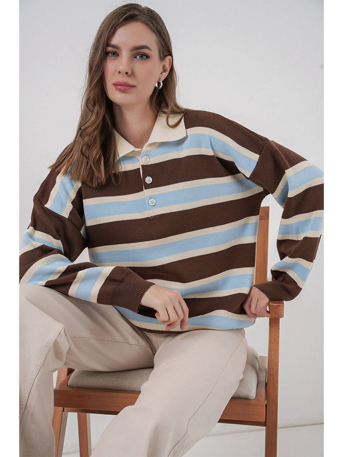 Bigdart Kadın Çizgili Polo Yaka Triko Kazak 15952 - Mavi