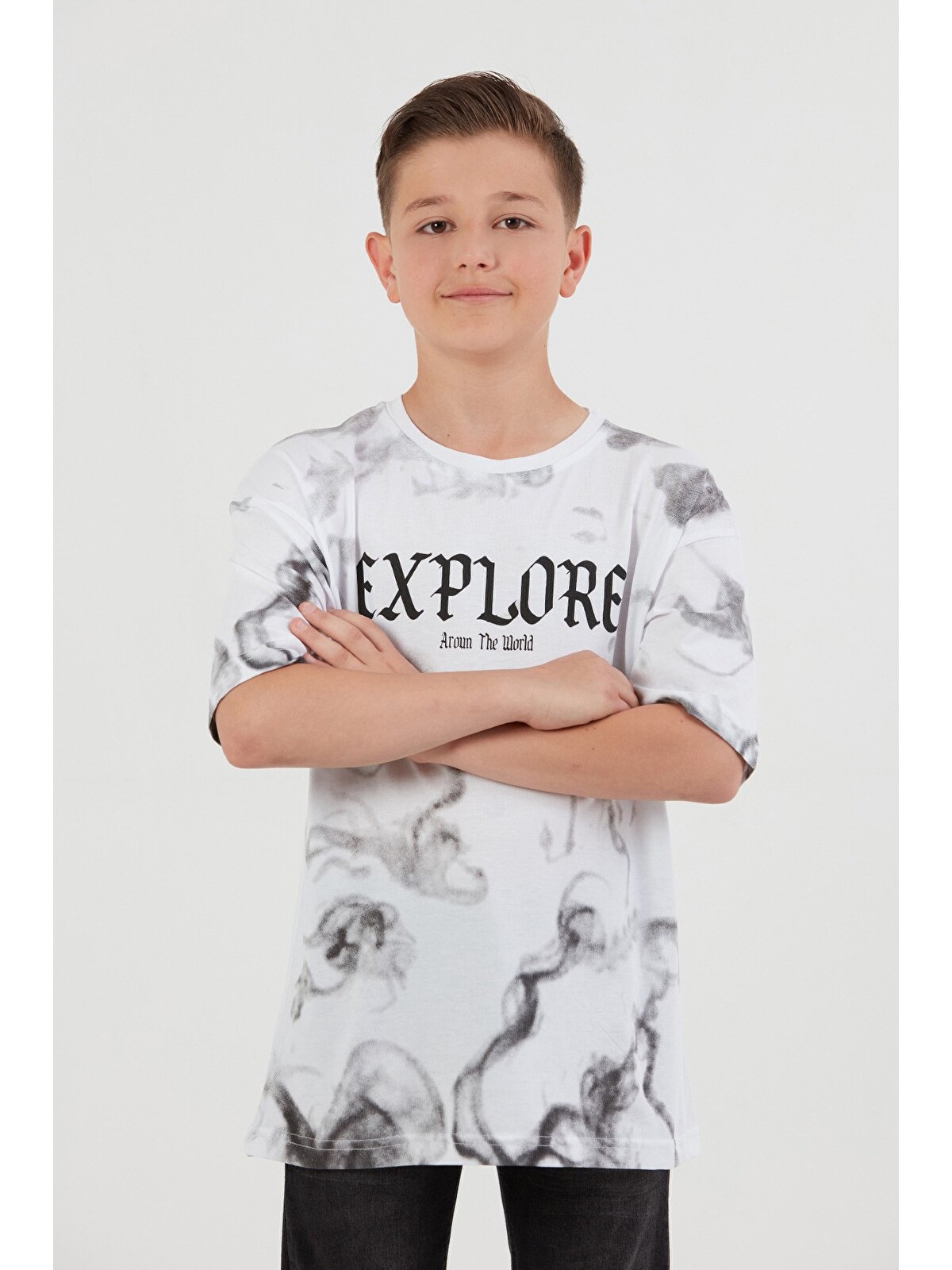 Fullamoda Beyaz Explore Yazı Baskılı Erkek Çocuk Tişört