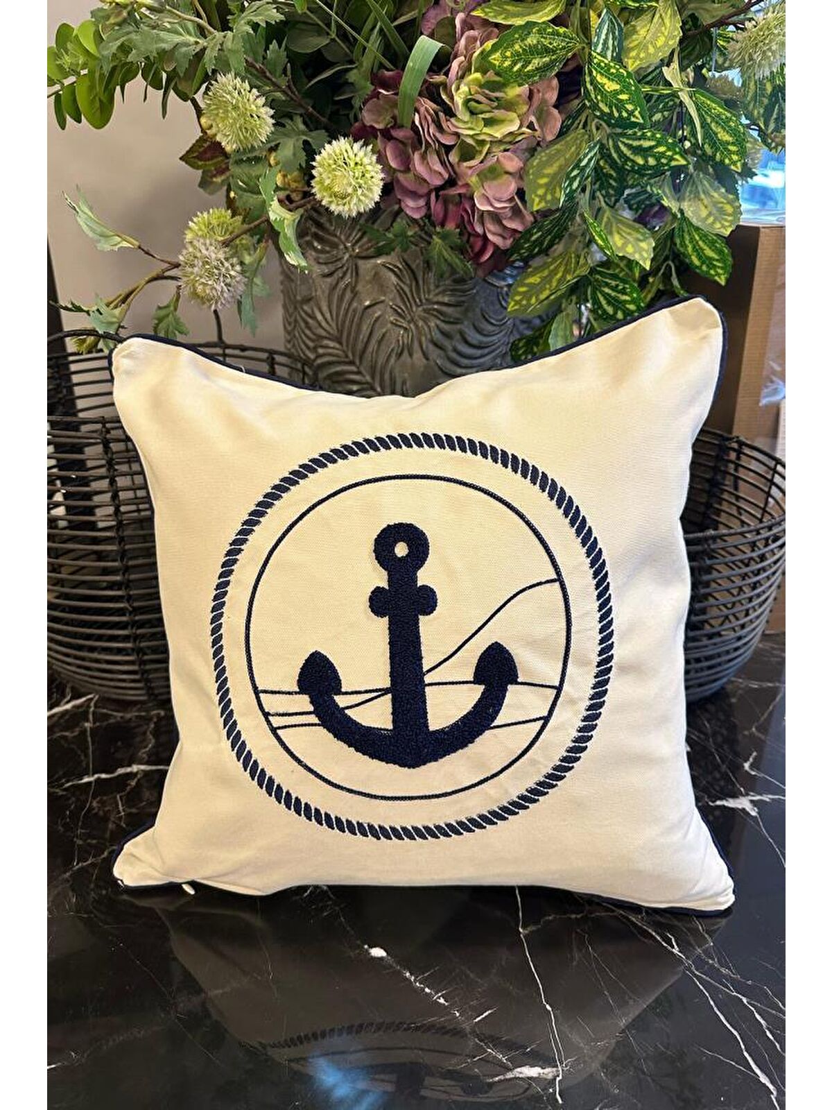 Çeyiz Diyarı Denizci Lüx Nakışlı Keten Kırlent Kılıfı 45x45 cm