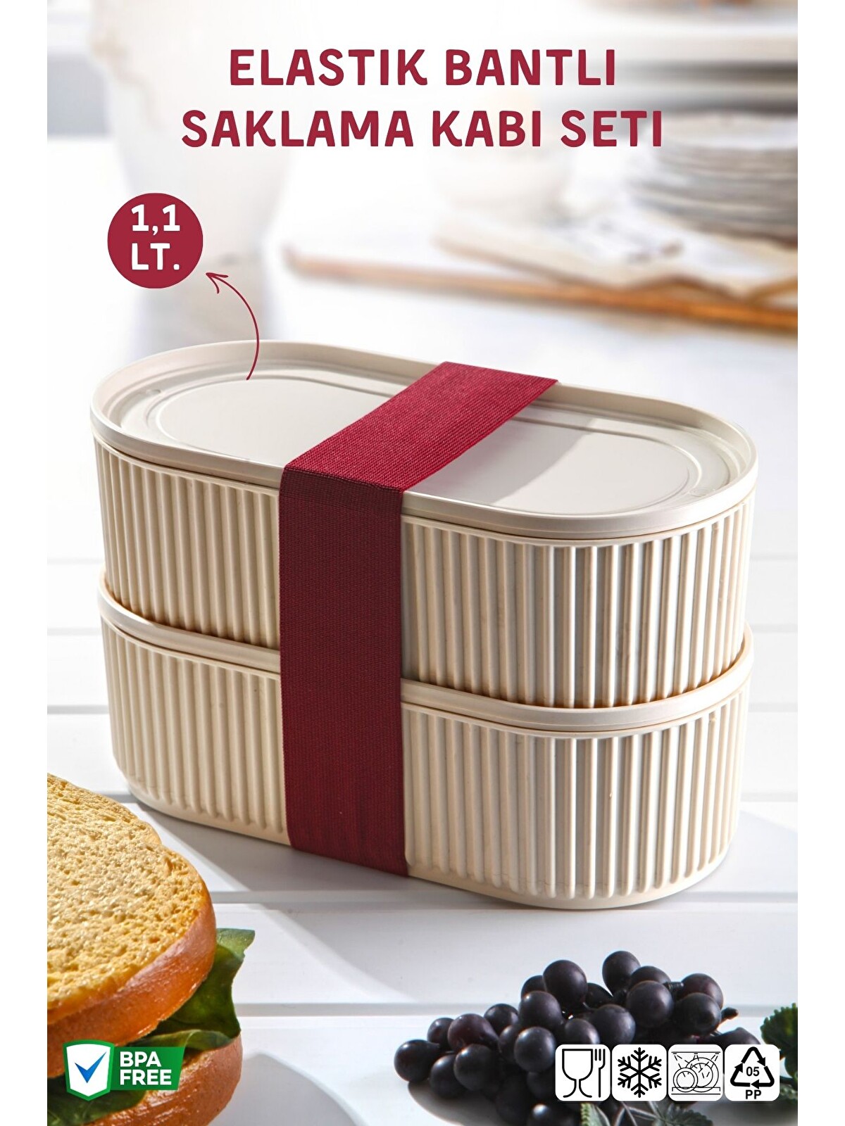 Nandy Home Bej 2 Li Set Elastik Bantlı Çok Amaçlı Saklama Kabı