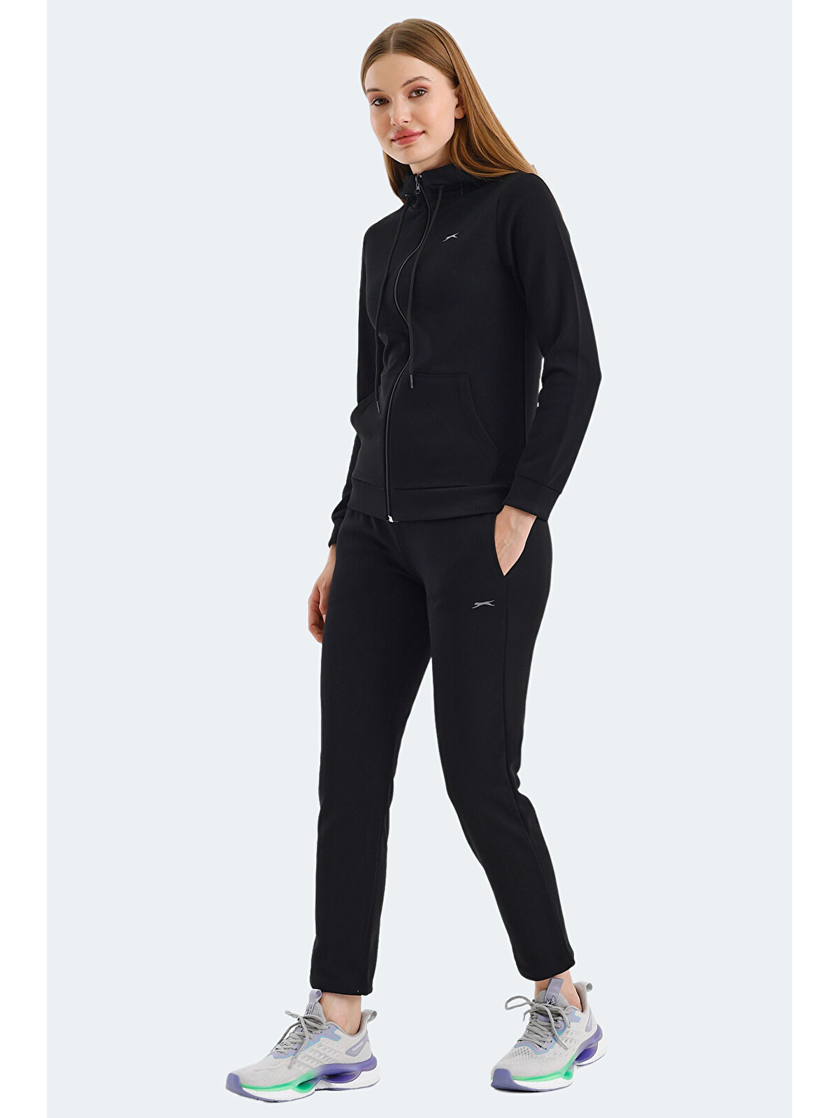 SLAZENGER RID IN Kadın Fermuarlı Kapüşonlu Cepli Siyah Eşofman