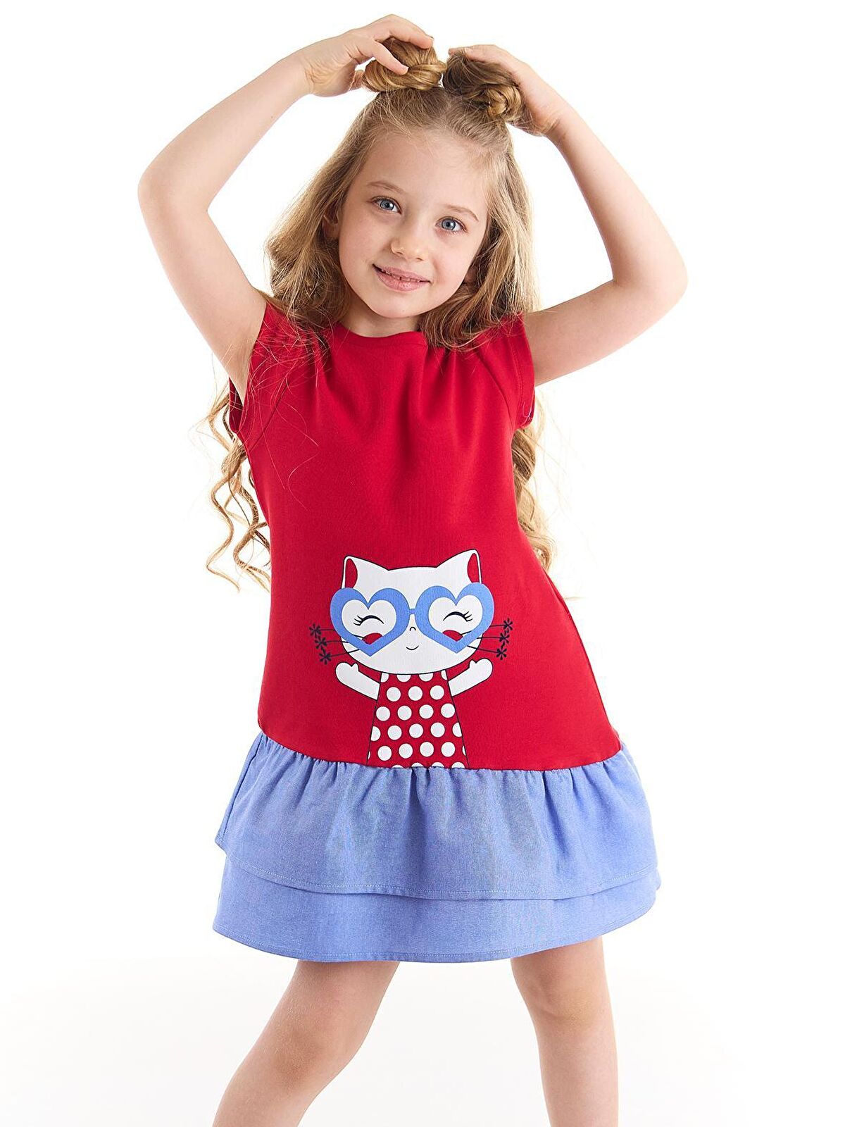Denokids Kedi Fırfırlı Kırmızı Kız Elbise