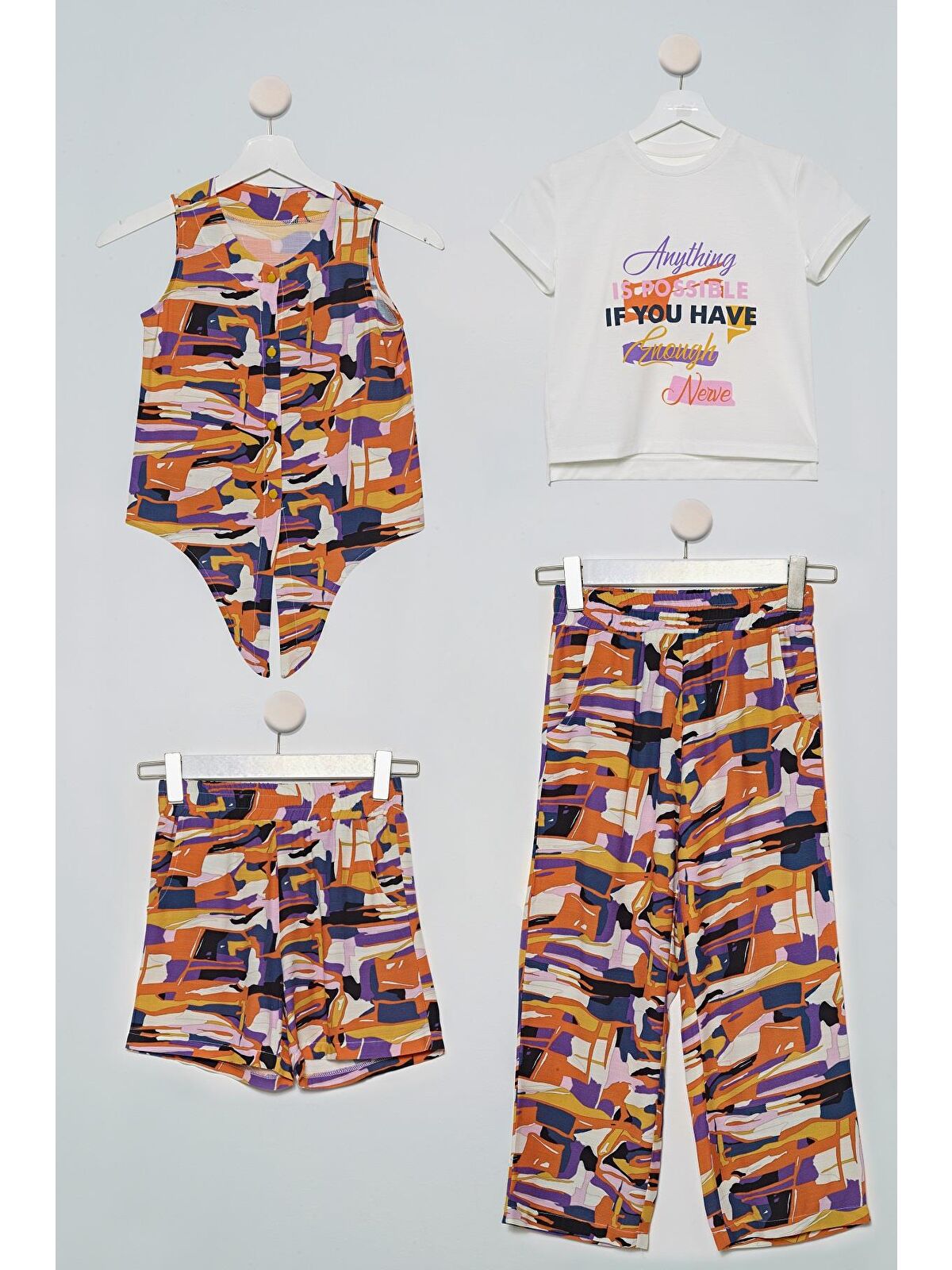For You Kids 4'Lü Desenli Gömlek Tshirt Pantolon Şort Lila Takım