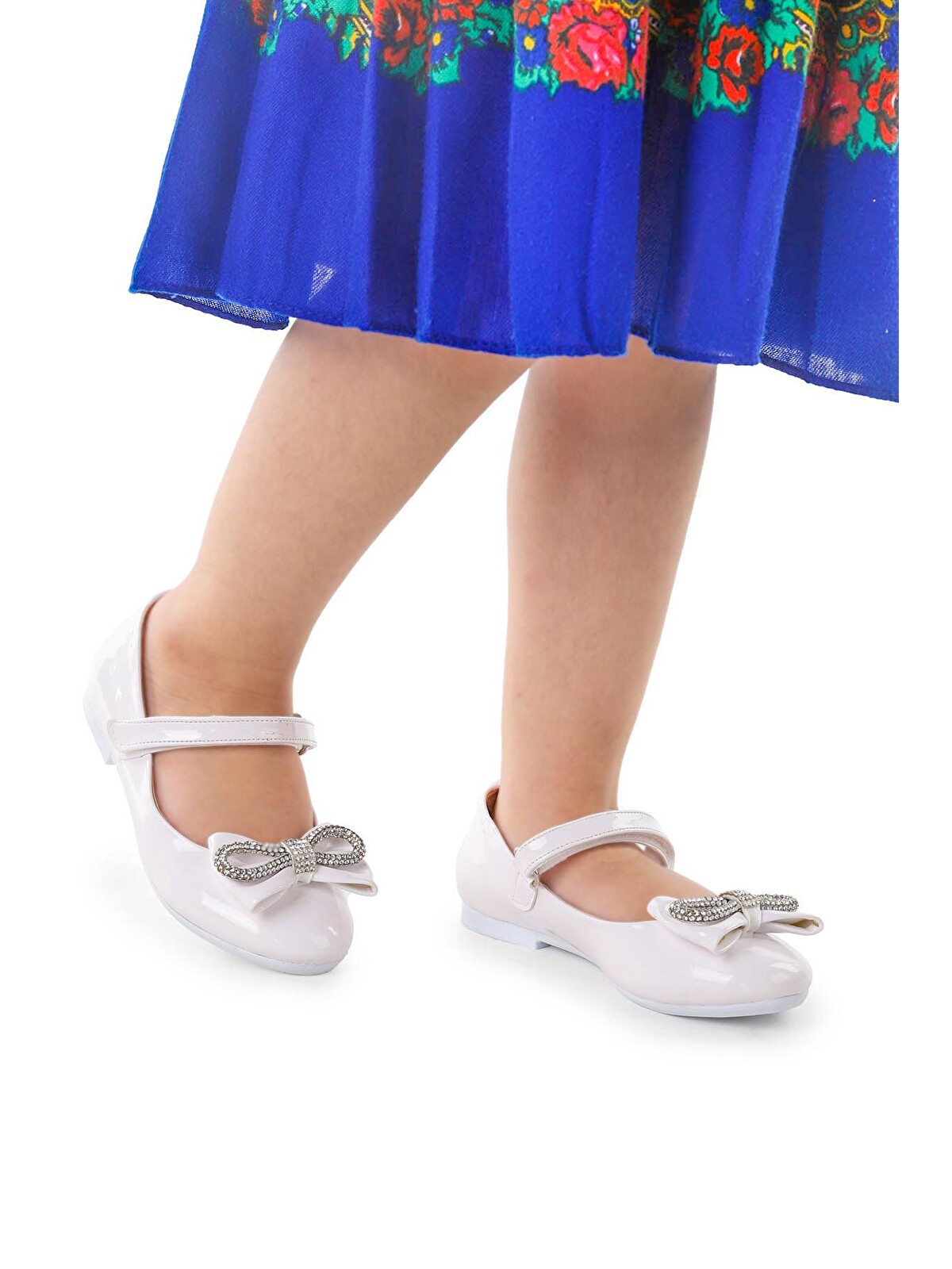 Kiko Kids Beyaz Bowtie Papyon Taşlı Cırtlı Kız Çocuk Babet