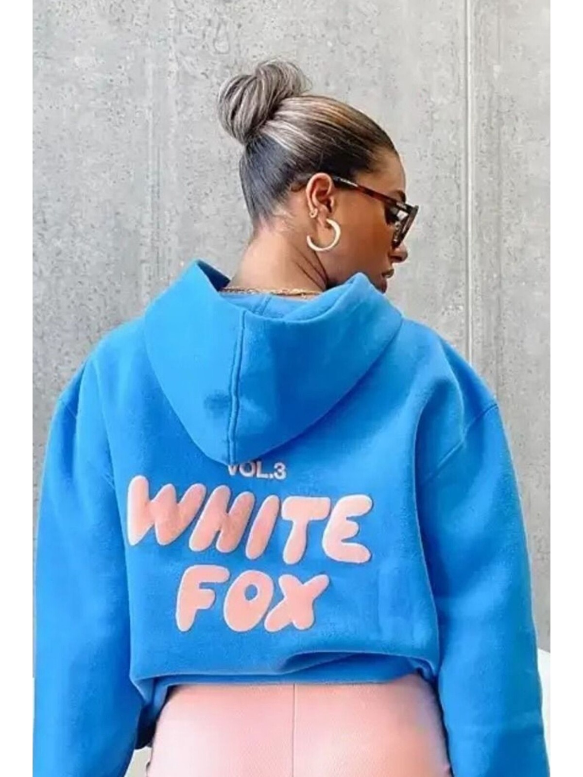Trendseninle Kadın Mavi White Fox Baskılı Oversize Kapüşonlu