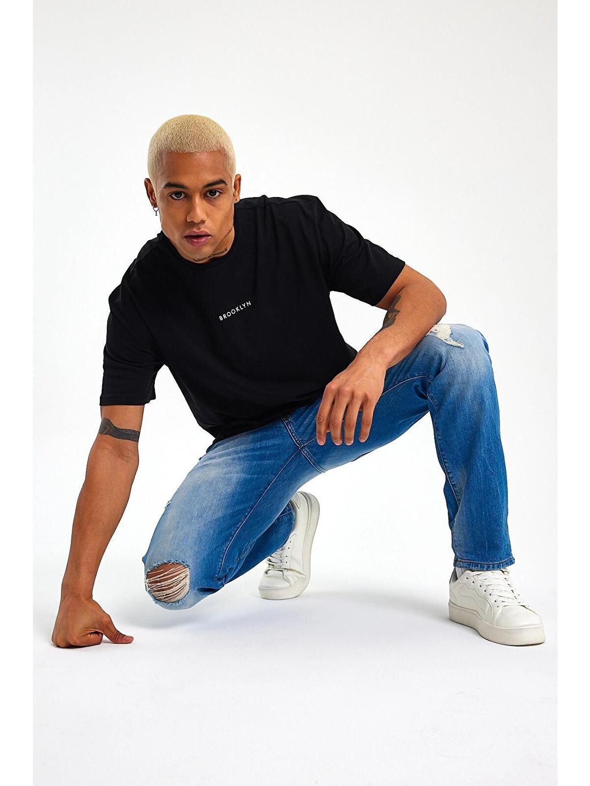 Süperlife Siyah Bisiklet Yaka Oversize Fit Brooklyn Baskılı Erkek