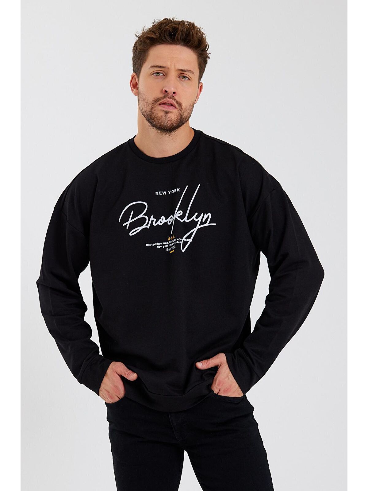 Süperlife Siyah Erkek Bisiklet Yaka Oversize Fit El Yazılı