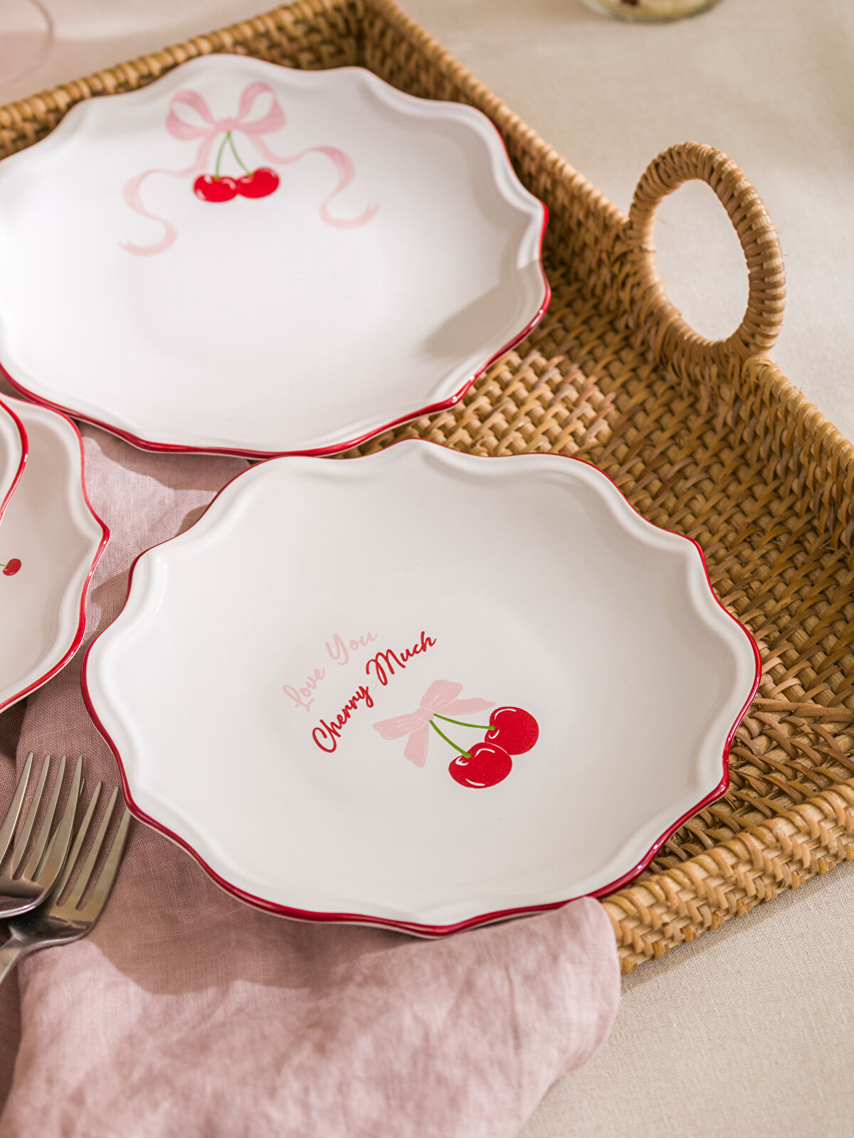 Cherry Printed Ceramic Cake Plate 4 pcs - 20 cm -S5HU22Z8