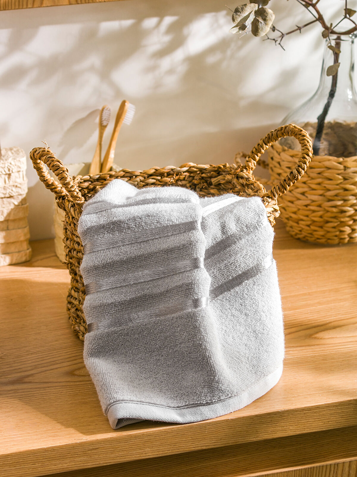 Striped Embroidered Cotton Face Towel 50x80 cm -S5JR26Z8-CTK