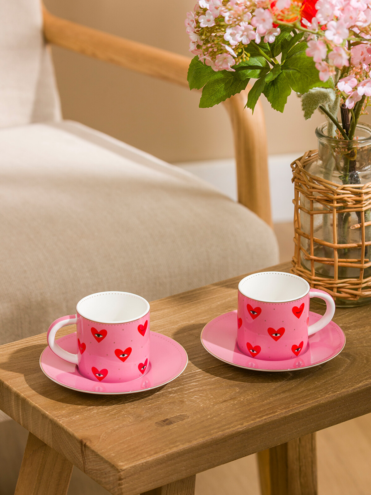 LCW HOME Heart Print Porcelain Coffee Cup Set For 2 People 90 Ml
