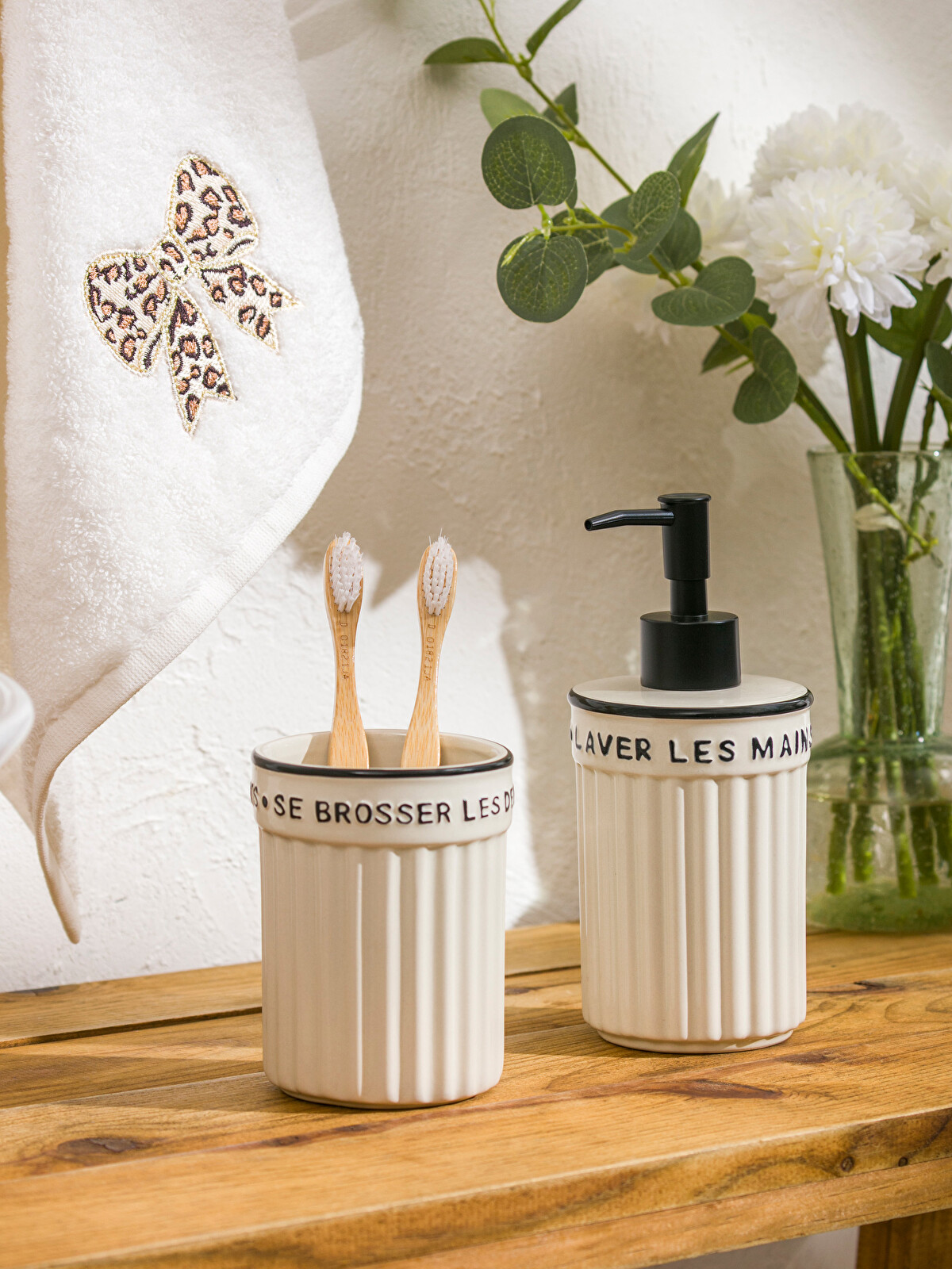 LCW HOME Printed Ceramic Liquid Soap Dispenser and Toothbrush