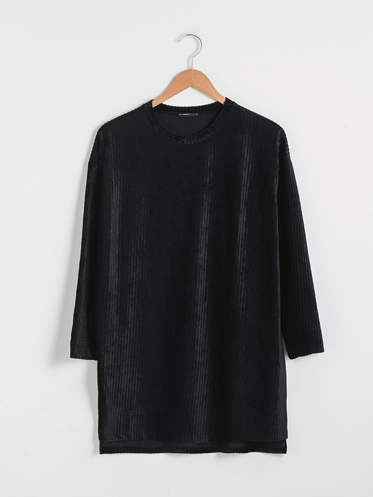 LCWAIKIKI Classic Siyah Bisiklet Yaka Oversize Kadife Tunik