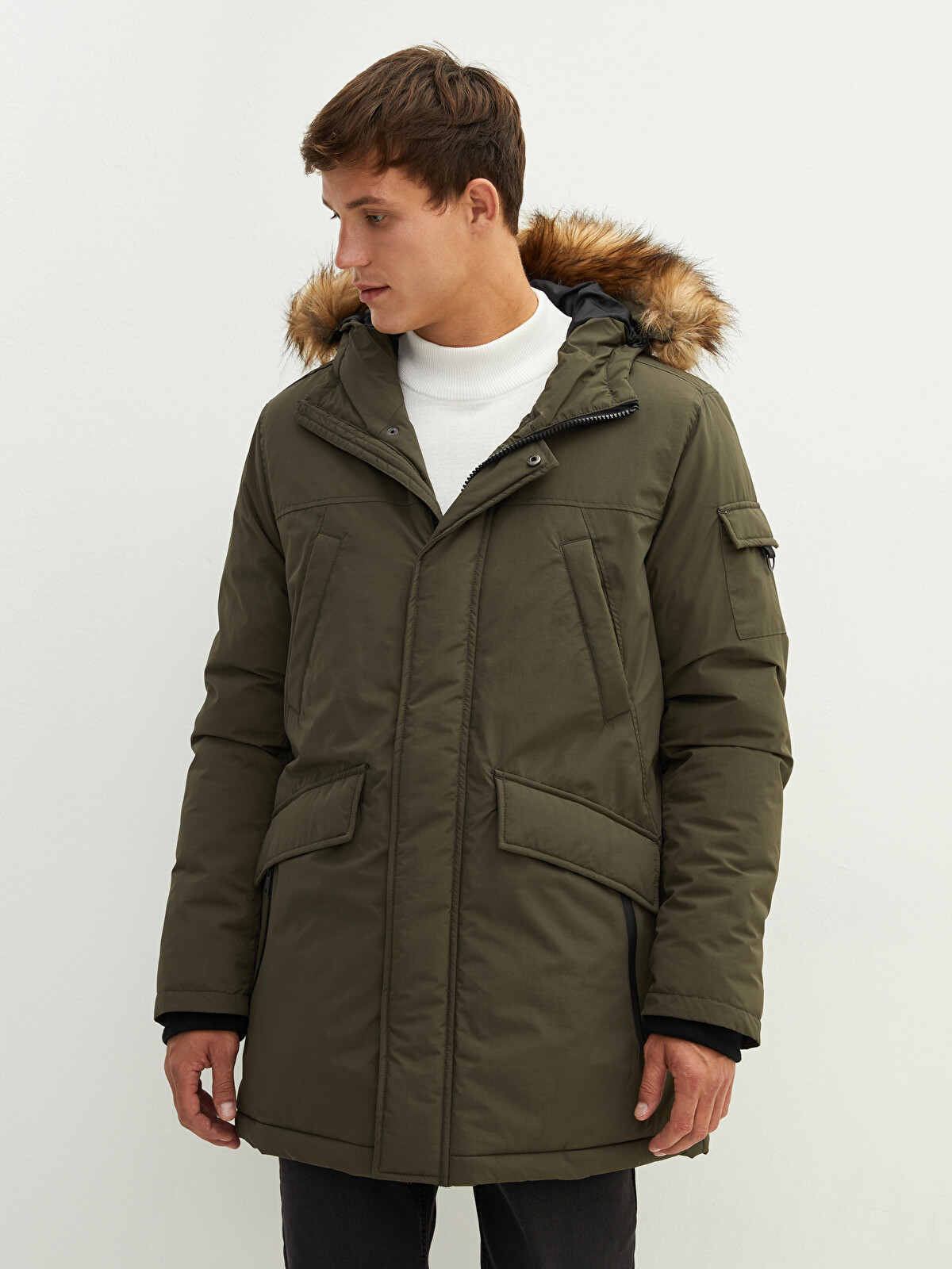 ふわふわ XSIDE Standart Kalıp Kürk Kapüşonlu Kalın Erkek Parka - W11071Z8