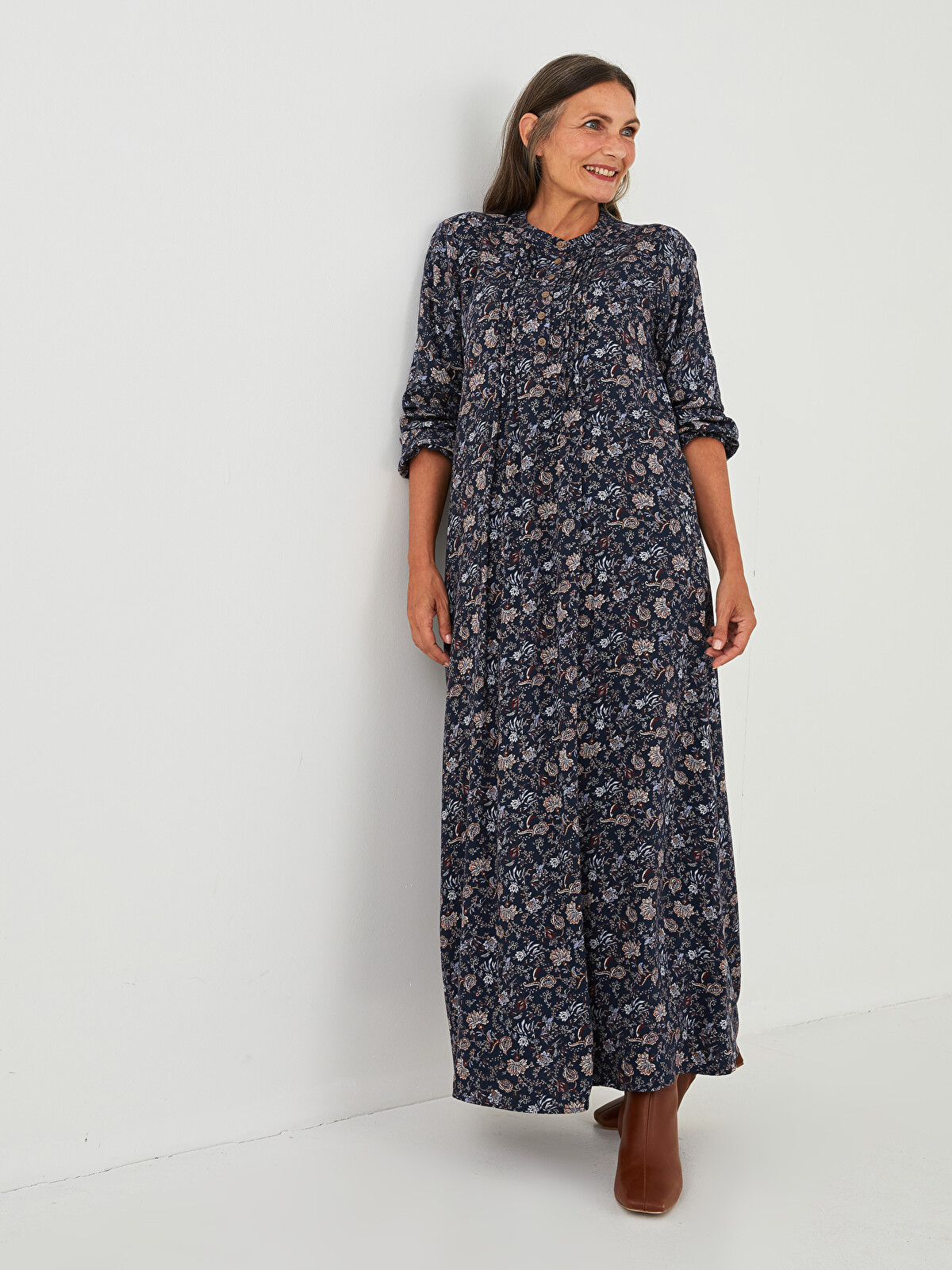 LCW Grace Grandad Collar Patterned Long Sleeve A-Cut Belmando