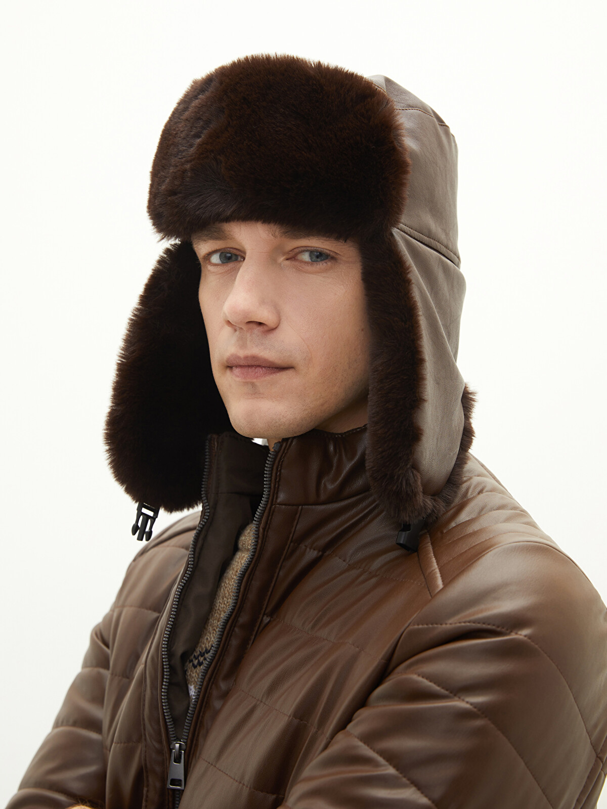 d*7様 アンダーカバー ダークブラウン ファー 耳あて付き帽子 LCW ACCESSORIES Plush Furry Faux Leather Men's Hunter's Cap