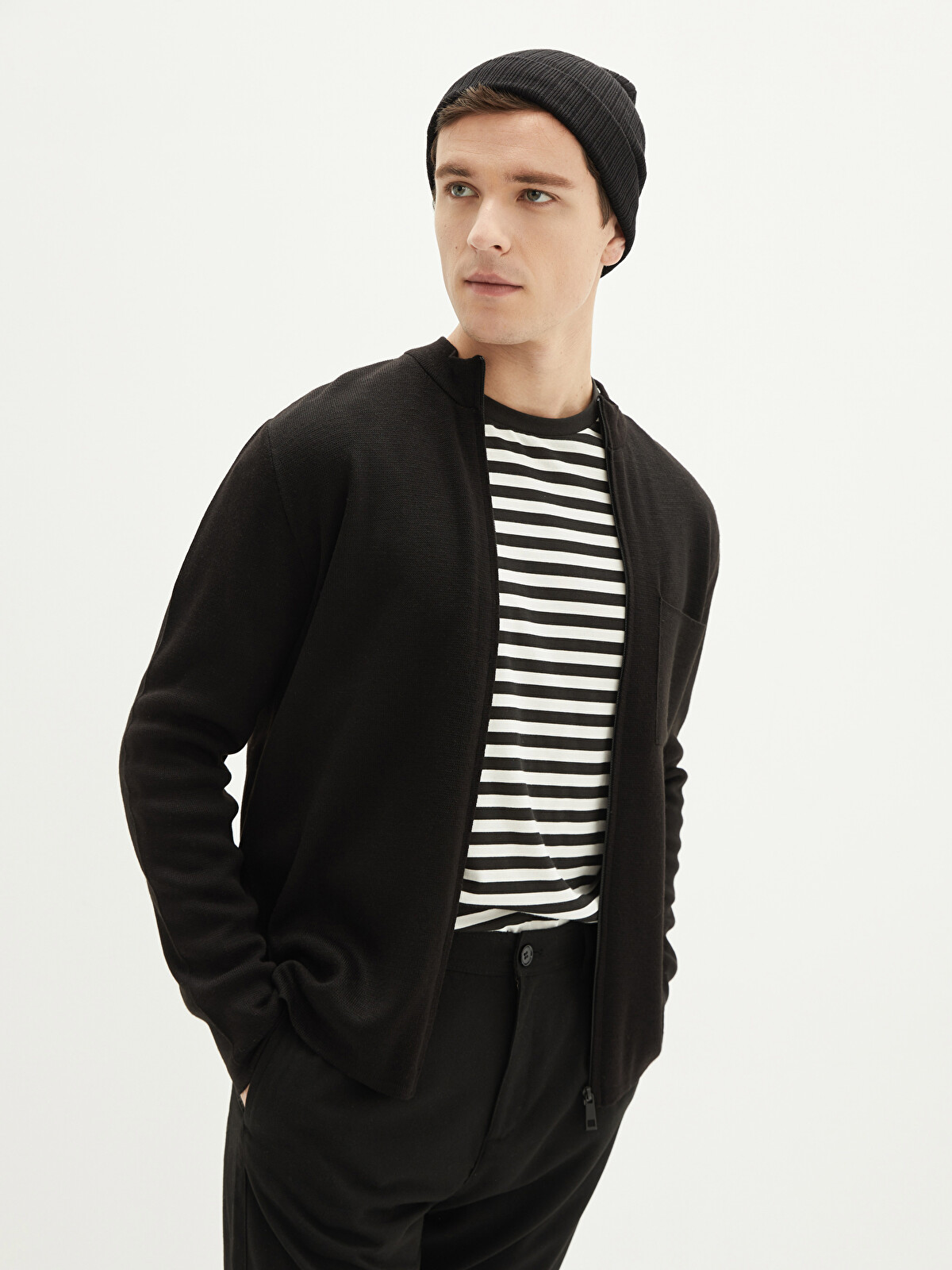 XSIDE Cardigan Tricot Subțire Slim Fit cu Guler Tip Pâlnie