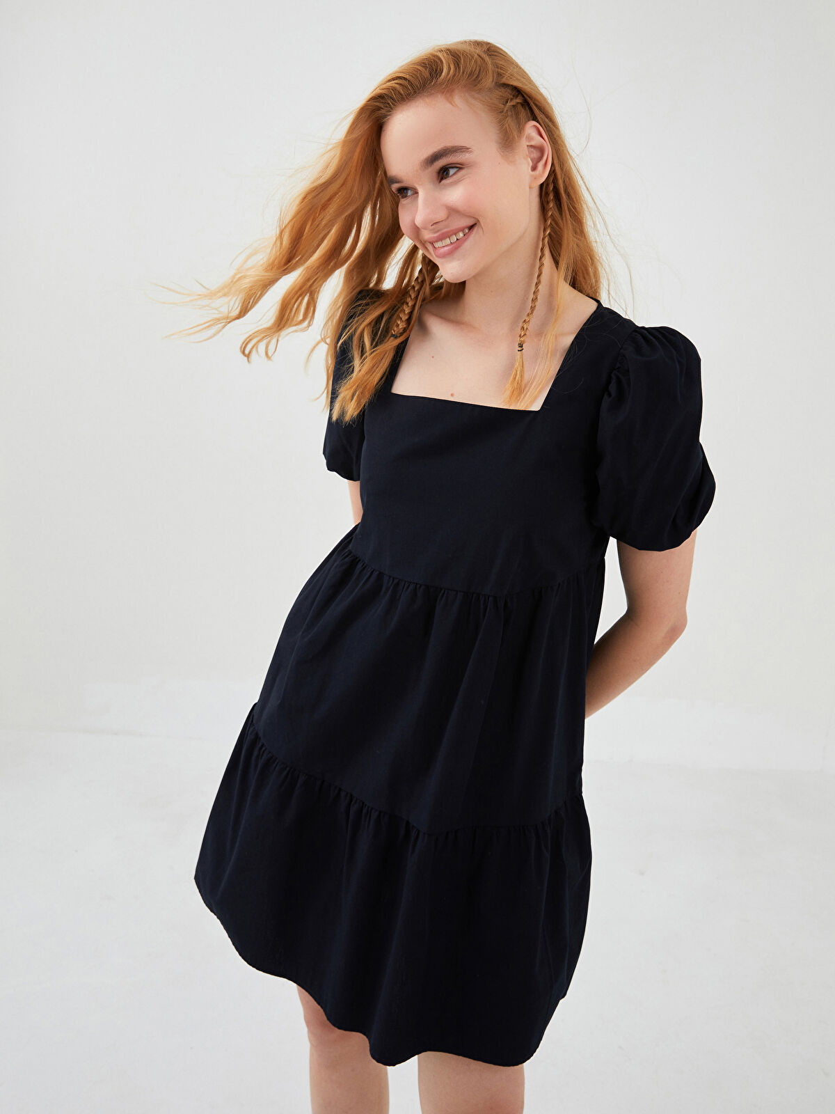 ワンピース SQUARE-SLEEVES DRESS Women's Fall Square Neck Casual Dress Long Sleeve Smocked