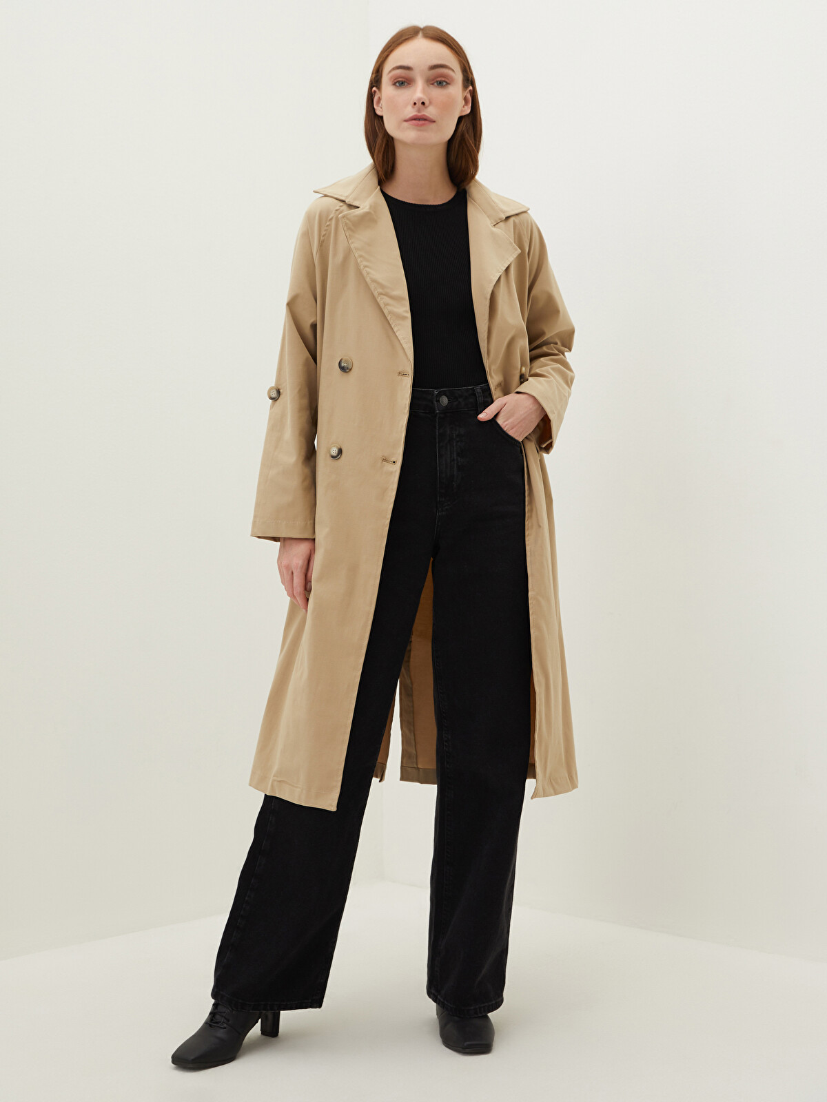 LCW Modest Jacket Collar Straight Long Sleeve Waist Belted