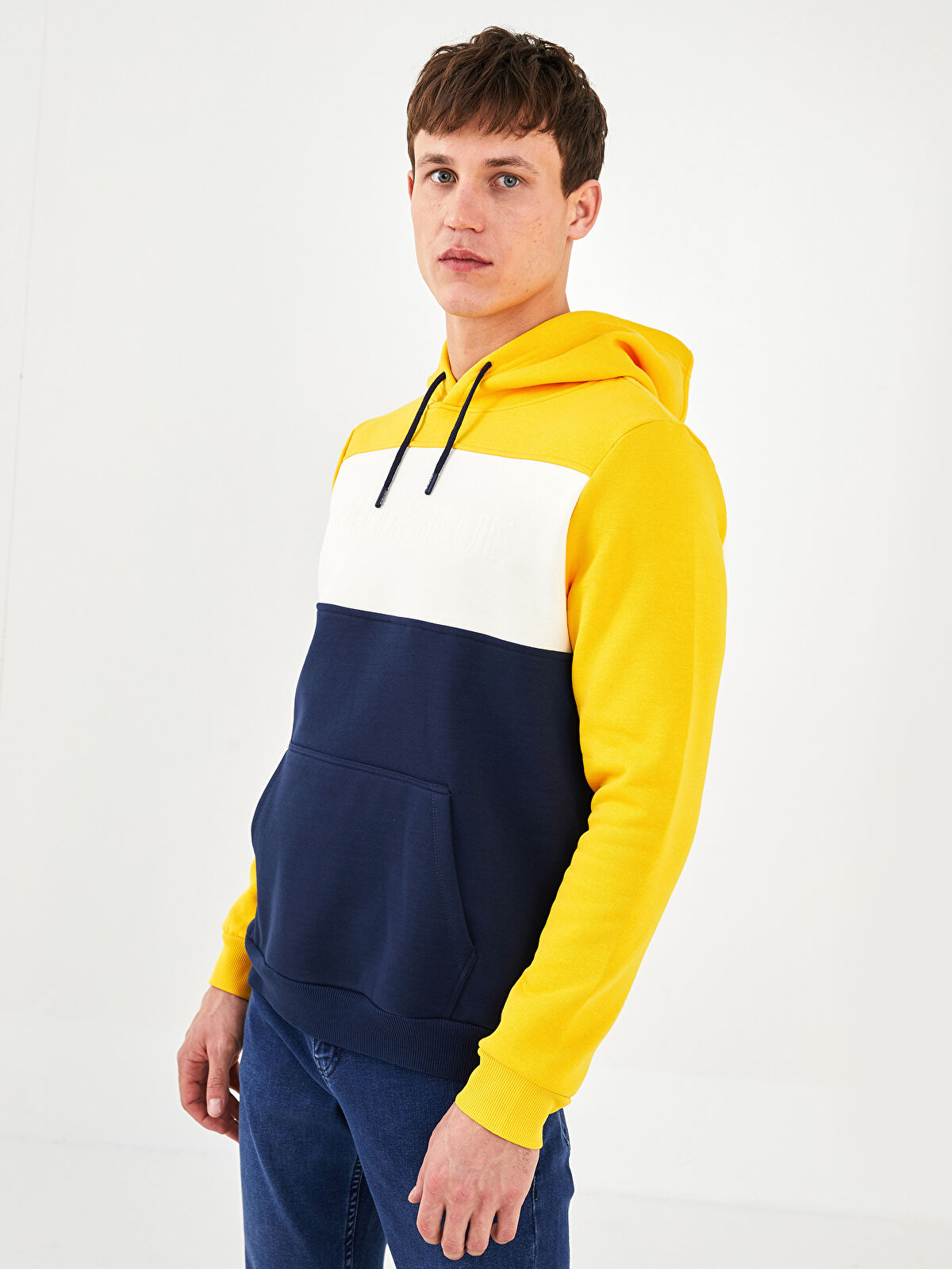 【関税込】 ロゴフード- ネイビー SOUTHBLUE Long Sleeve Color Block Men's Thick Hoodie