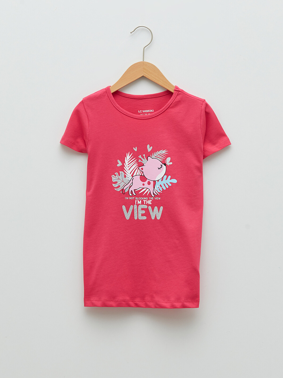 LCW Kids Fuşya Bisiklet Yaka Baskılı Kısa Kollu Pamuklu Kız Çocuk