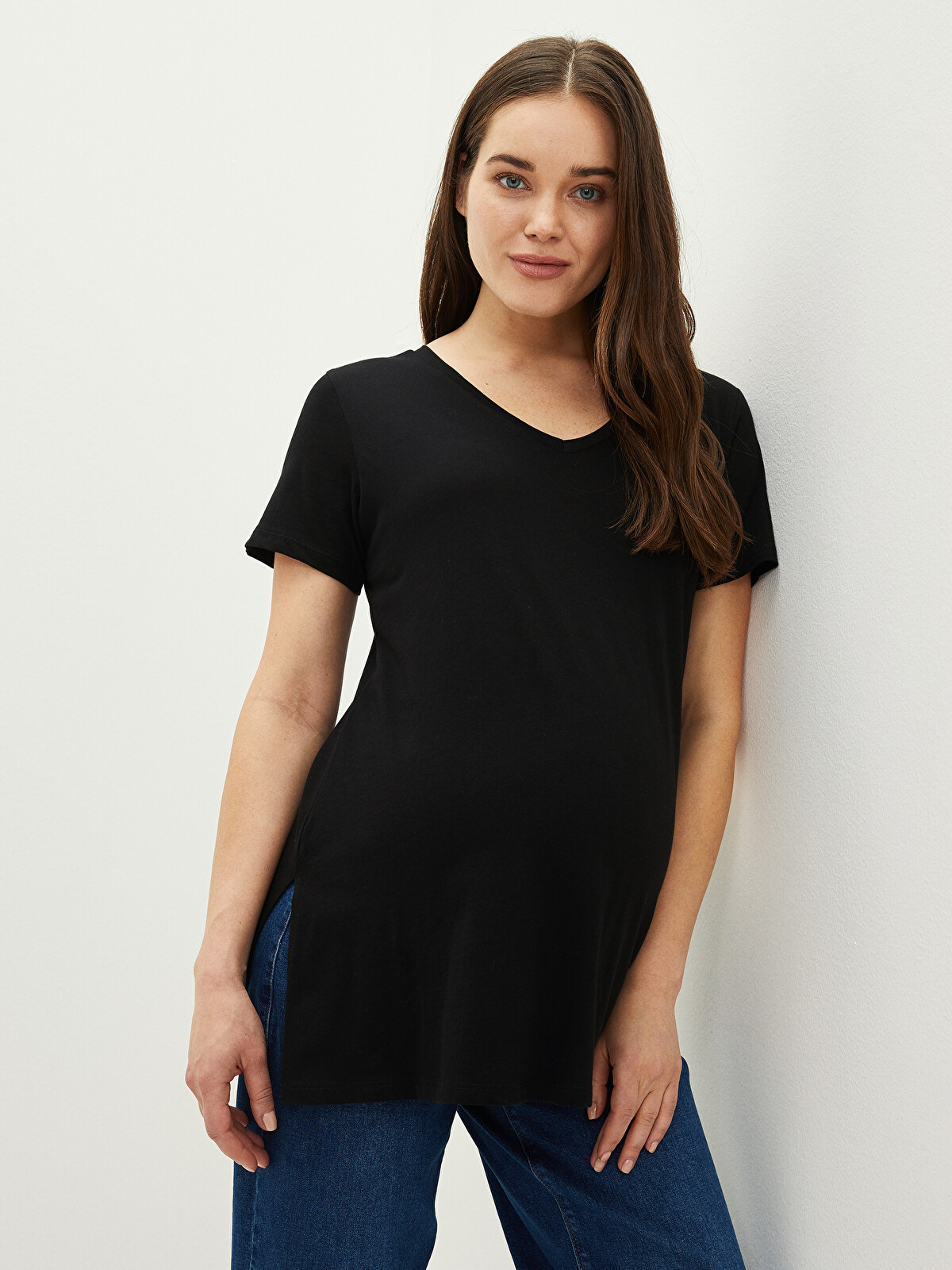 マタニティ YY LCWAIKIKI Maternity Siyah V Yaka Düz Kısa Kollu Pamuklu Hamile