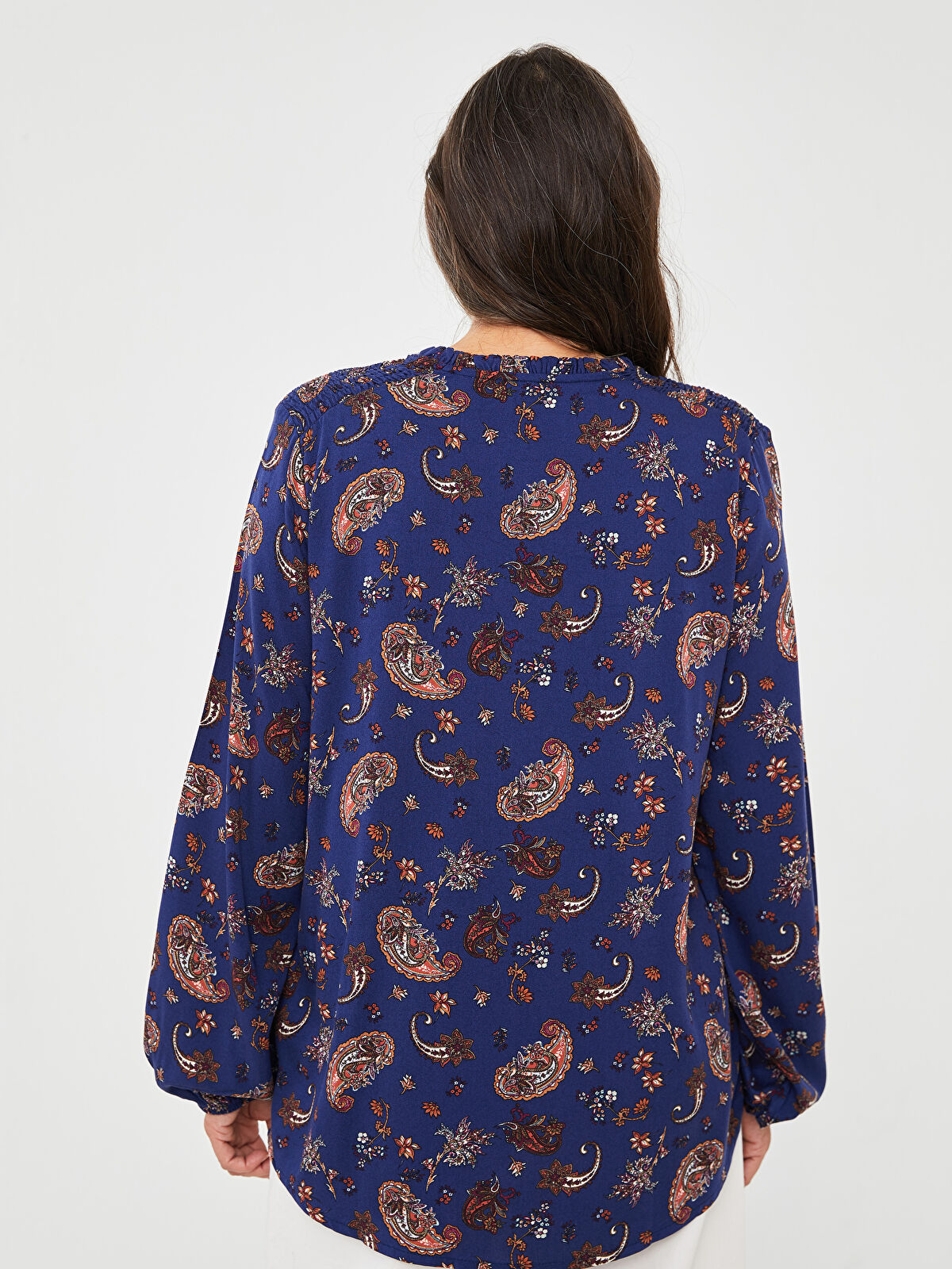 LCW Grace Frilly Tied Collar Patterned Long Sleeve Viscose