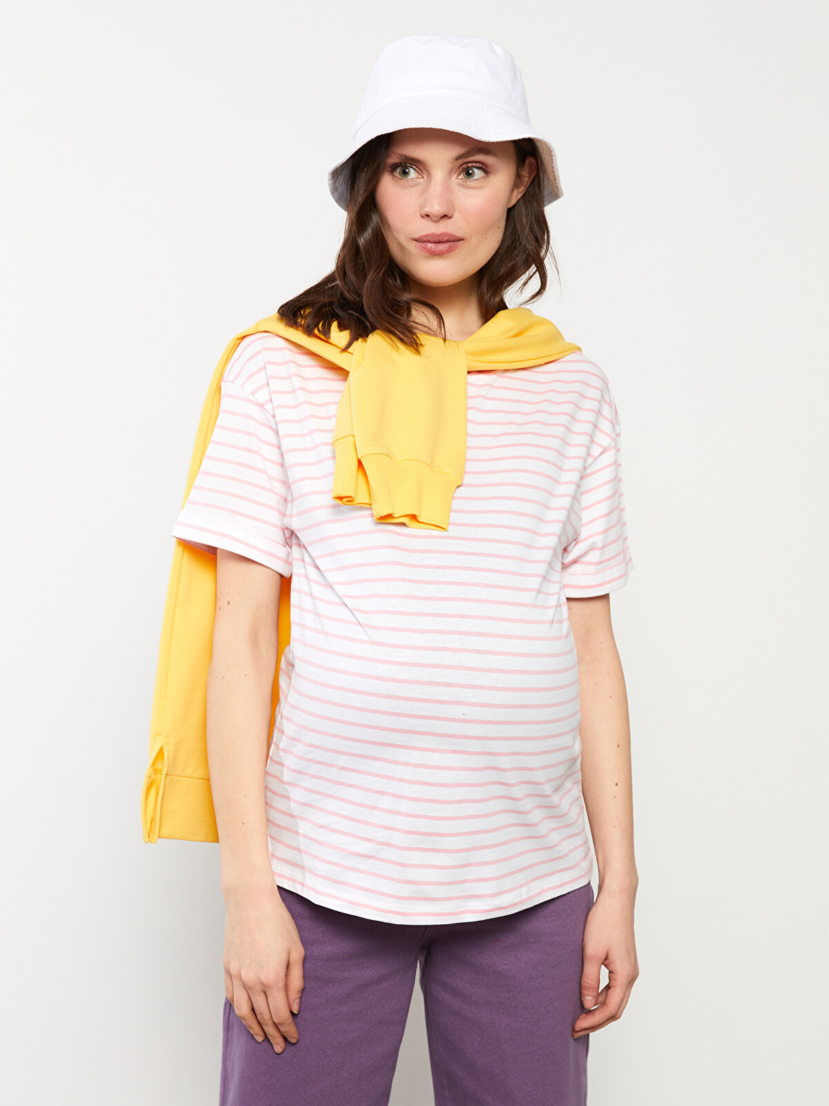8♡ LCWAIKIKI Maternity Pembe Bisiklet Yaka Çizgili Kısa Kollu Pamuklu