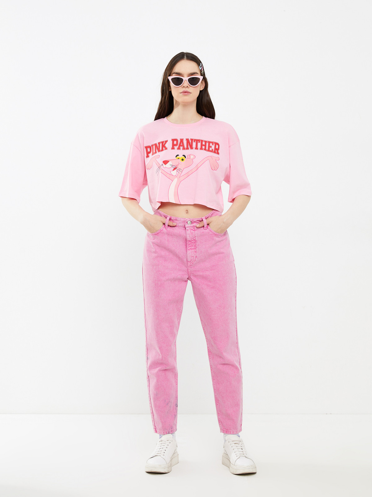 XSIDE Crew Neck Pink Panther Printed Short Sleeve Women's Crop
