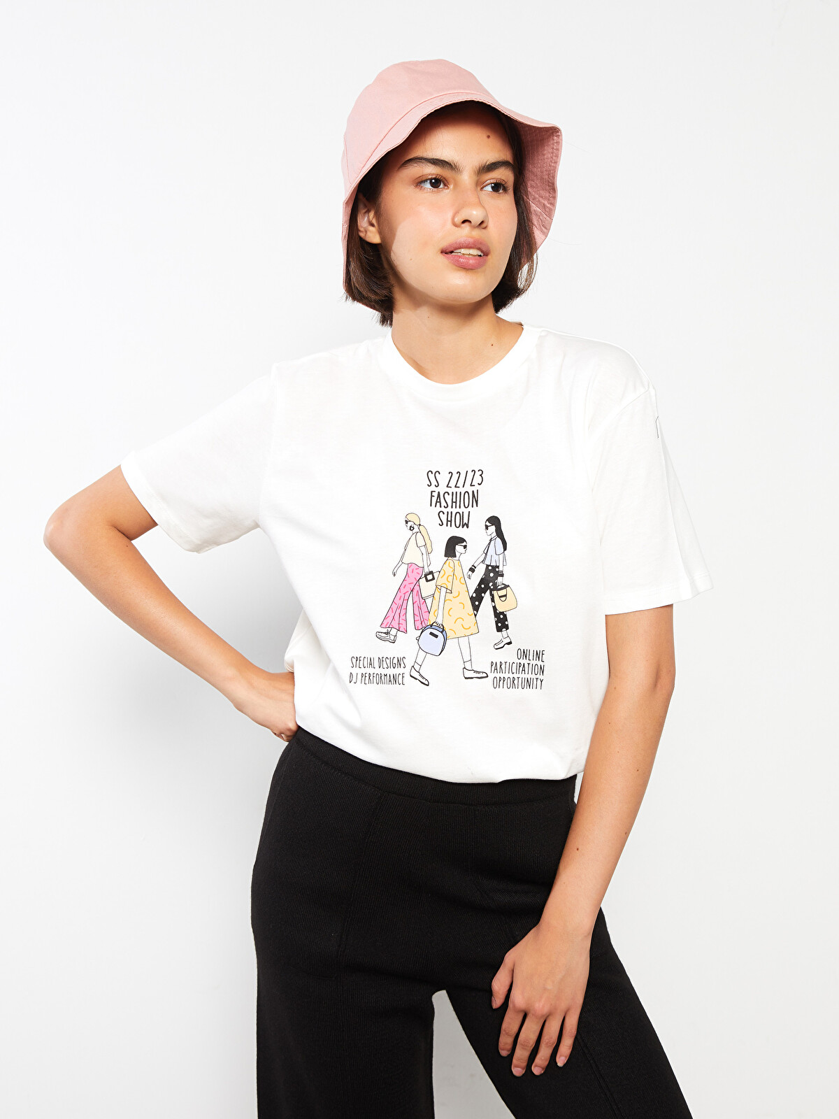LCW Modest Crew Neck Printed Short Sleeve Oversize Cotton Women's