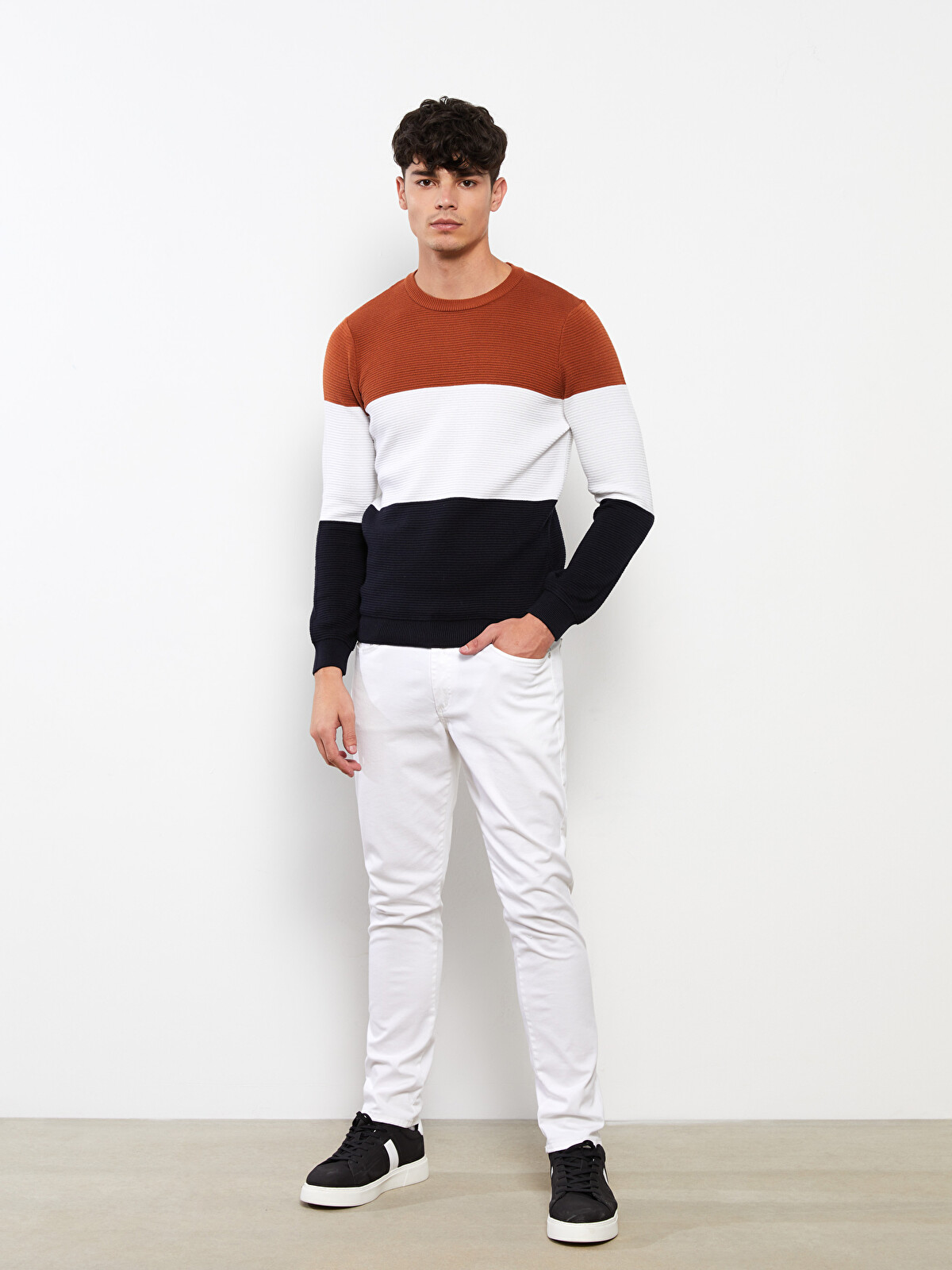 海外限定XS  プルオーバーニット　ライトブラウン JL8363 XSIDE Crew Neck Long Sleeve Color Block Men's Knitwear Sweater