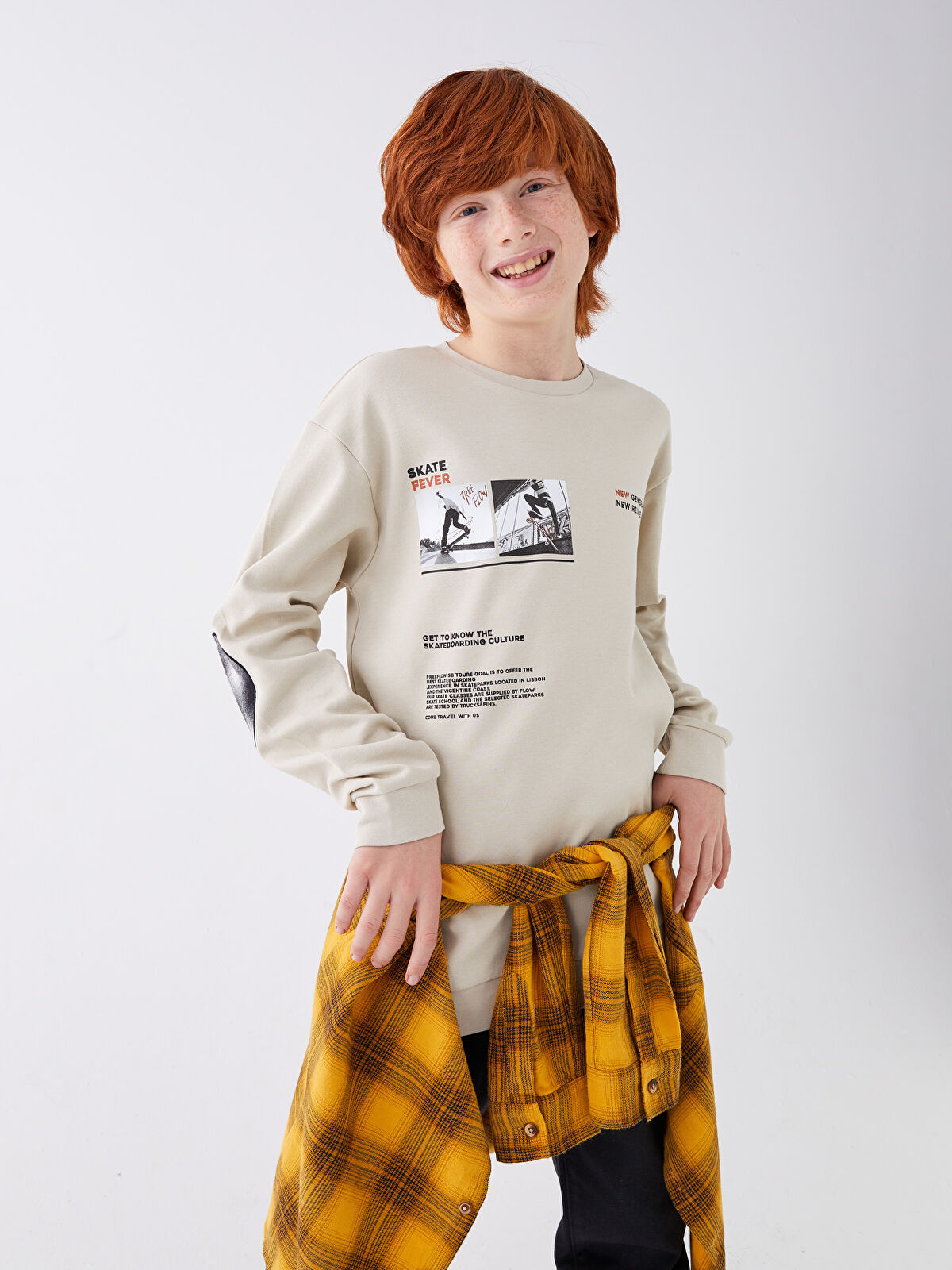 LCW Kids Gri Bisiklet Yaka Baskılı Uzun Kollu Erkek Çocuk Tişört