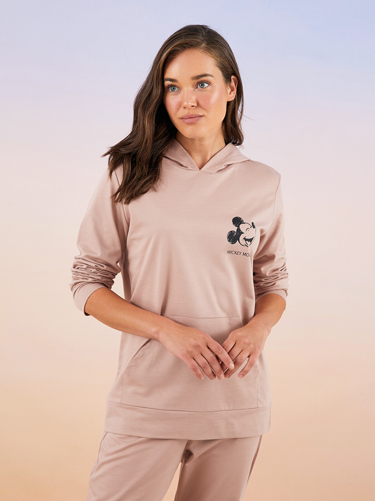 LCW DREAM Hooded Mickey Mouse Printed Long Sleeve Women's Pajama