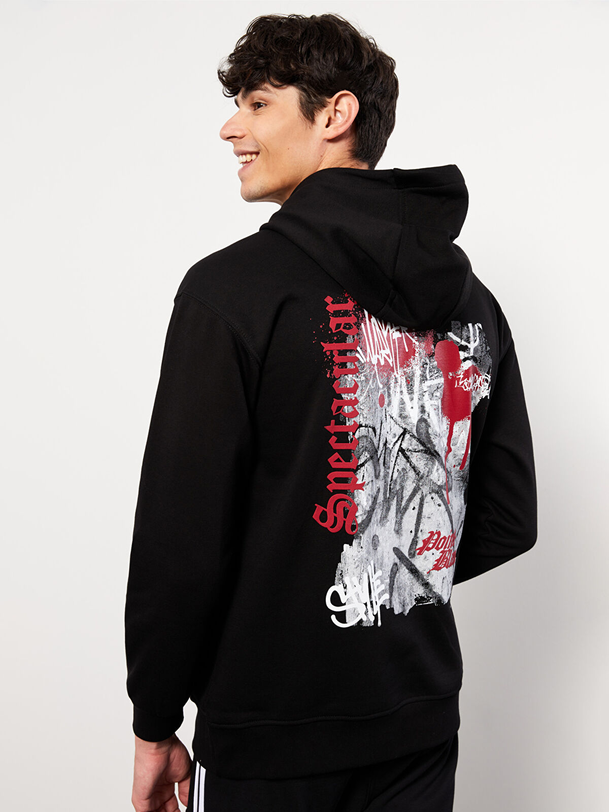 XSIDE Siyah Oversize Uzun Kollu Baskılı Erkek Kalın Hoodie