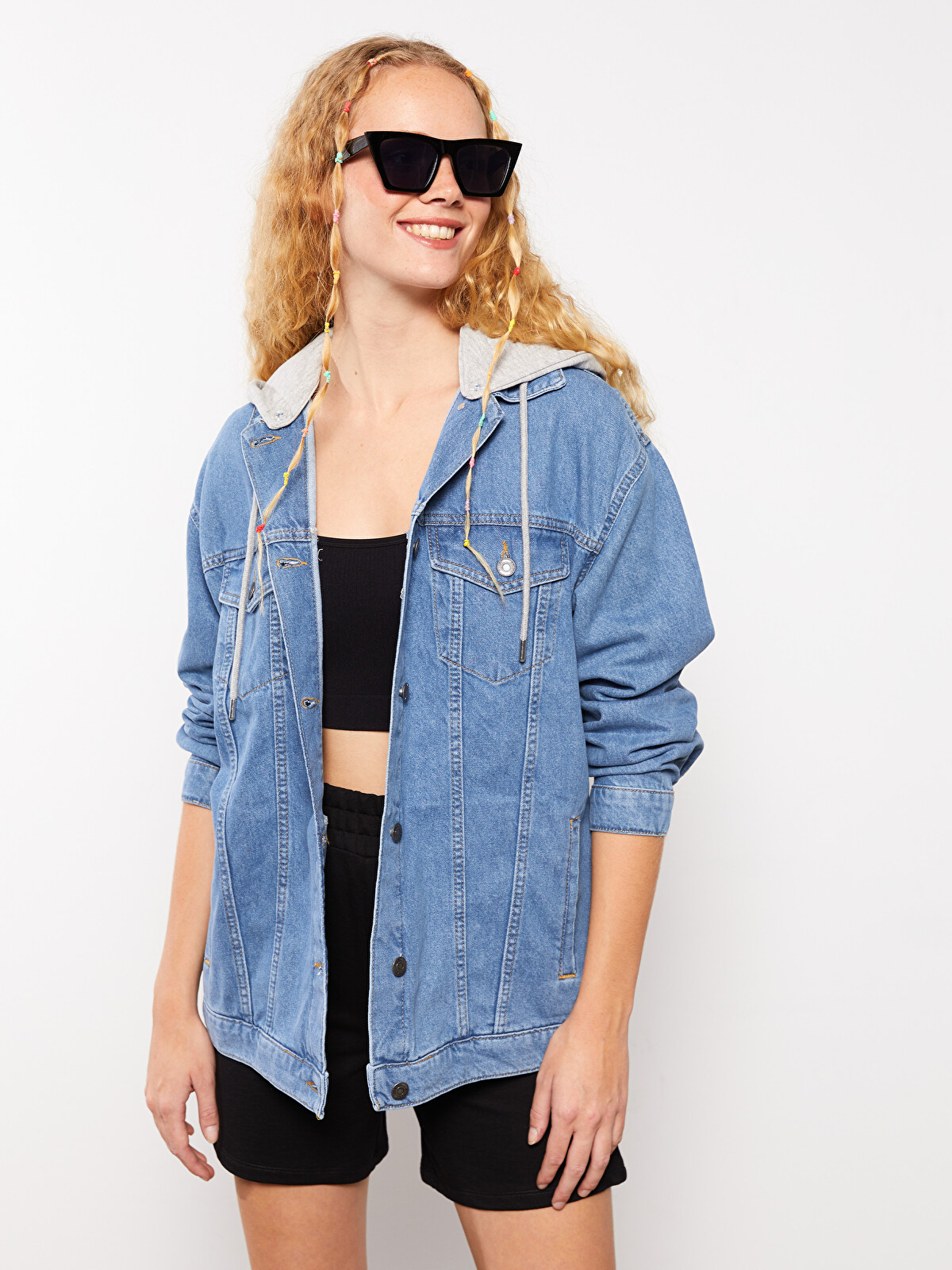 XSIDE Kapüşonlu Düz Uzun Kollu Kadın Jean Ceket - W2AL34Z8-K9M