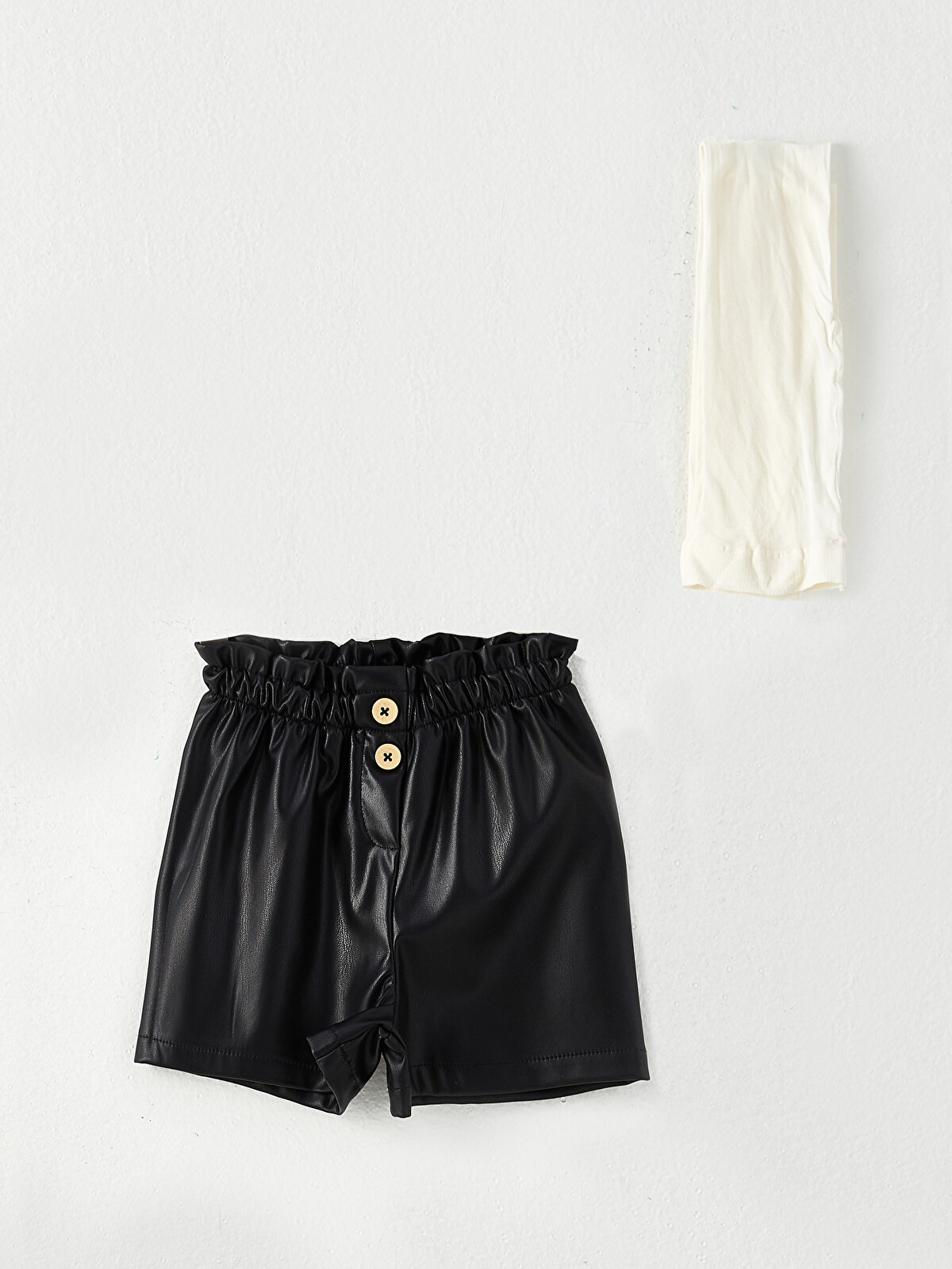 LCW baby Elastic Waist Faux Leather Baby Girl Shorts and Pantyhose