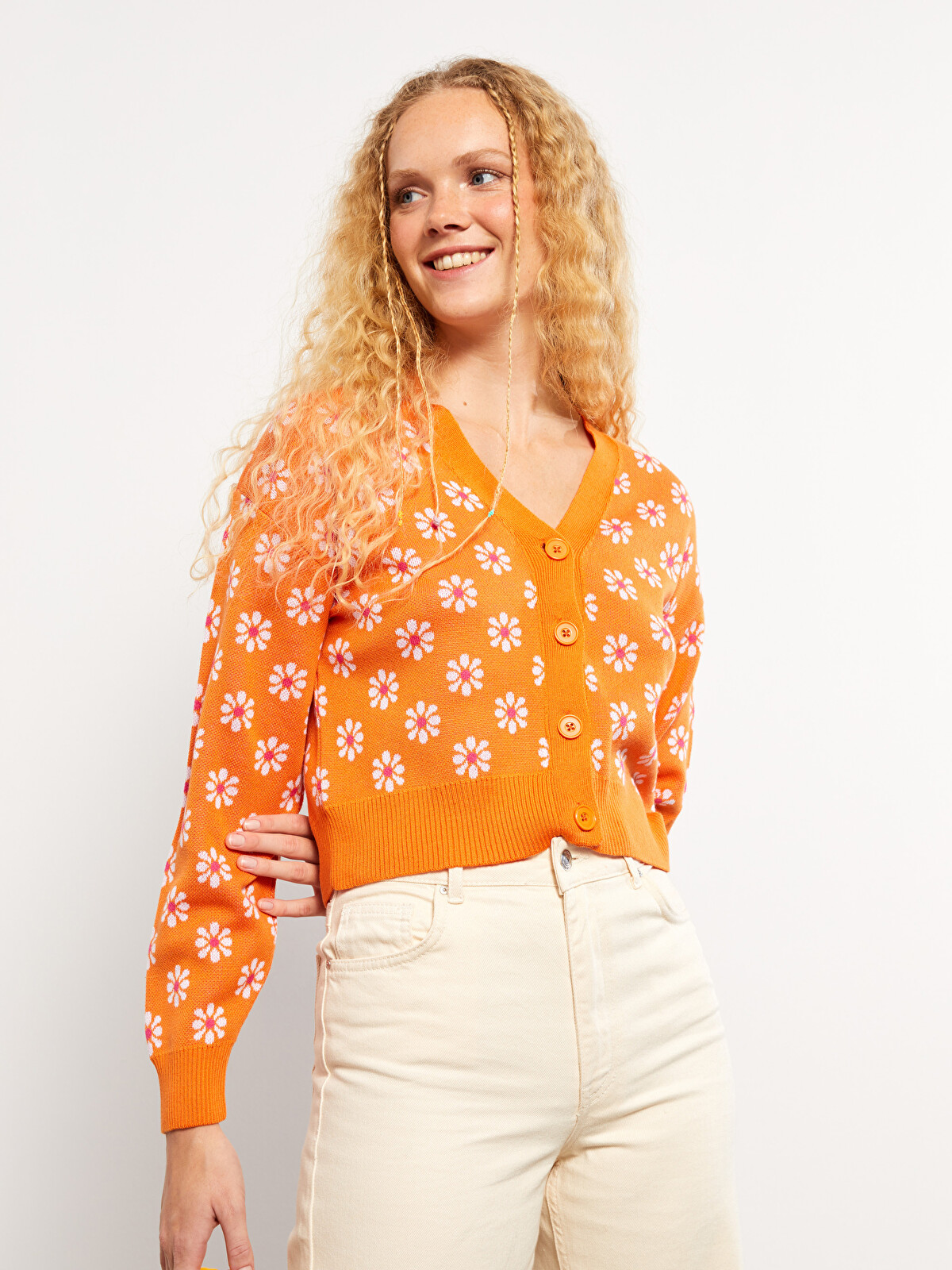 XSIDE V Neck Flower Long Sleeve Women's Tricot Cardigan - W2CP26Z8