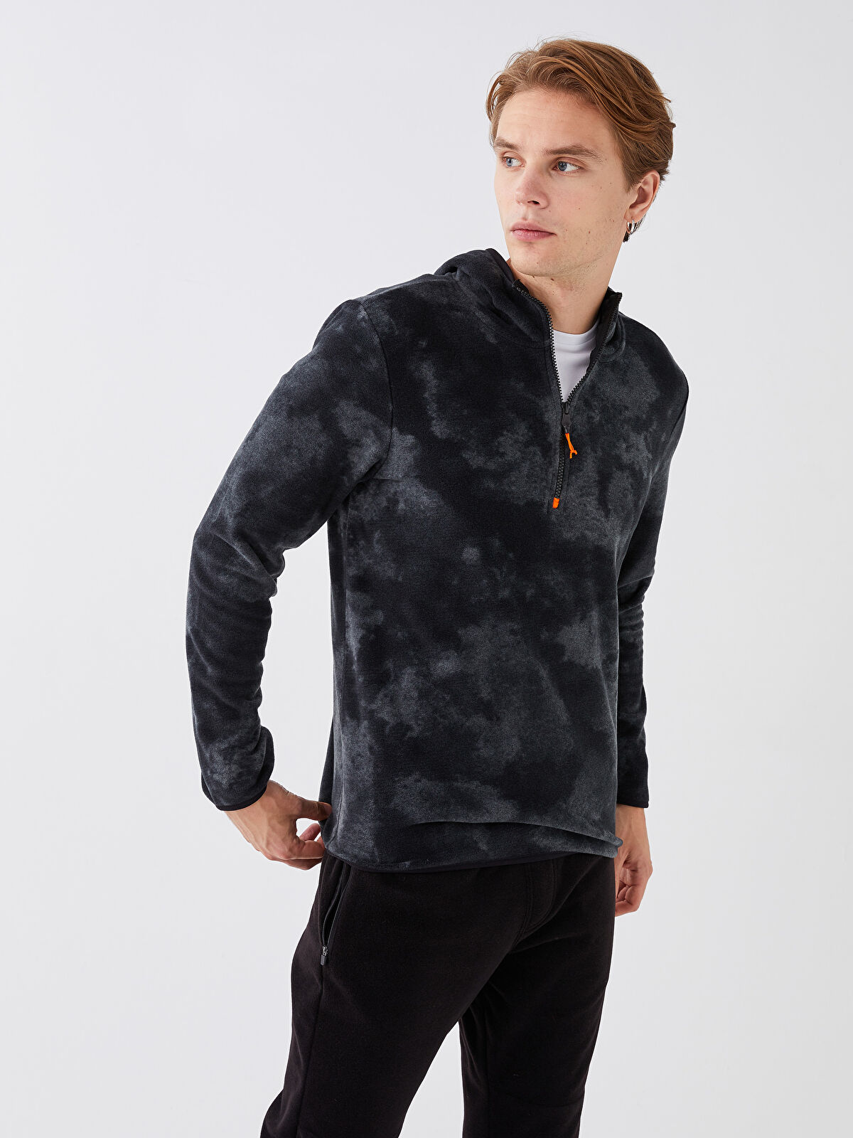 XSIDE ACTIVE Siyah Uzun Kollu Desenli Polar Erkek Hoodie