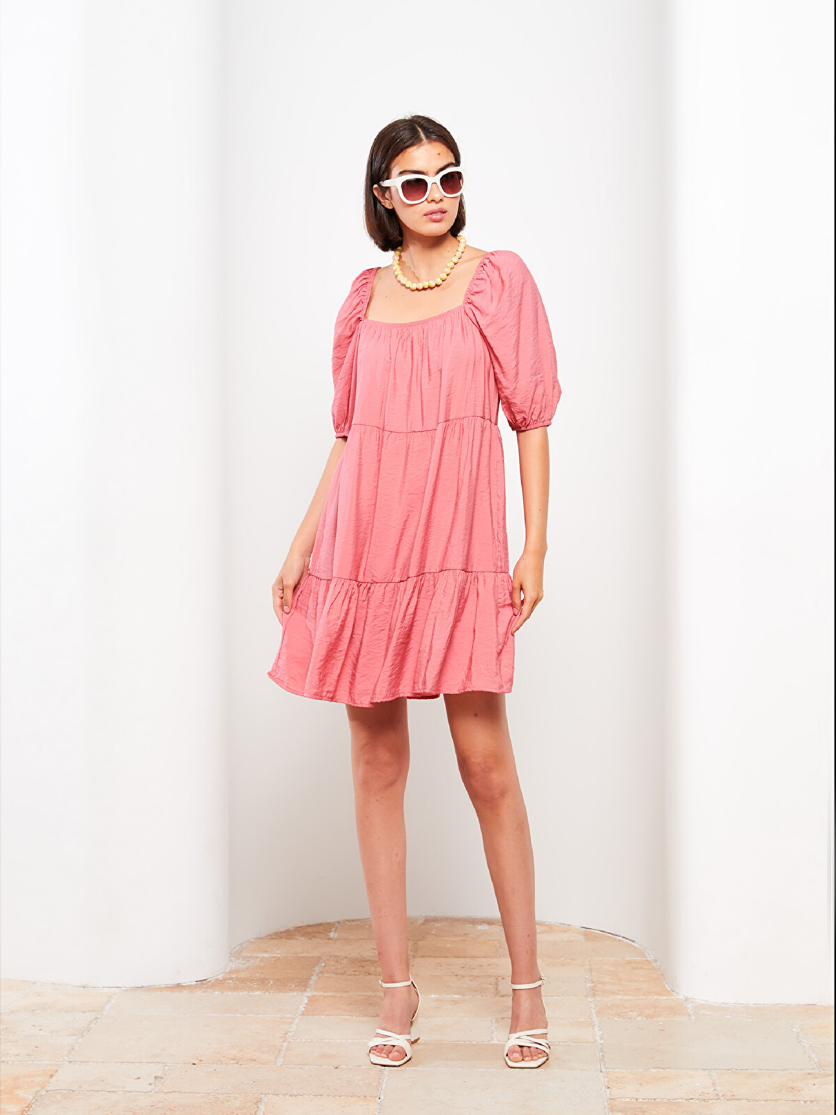 LCW Vision Square Neck Regular Balloon Sleeve Dress - W2DM41Z8-H3Y