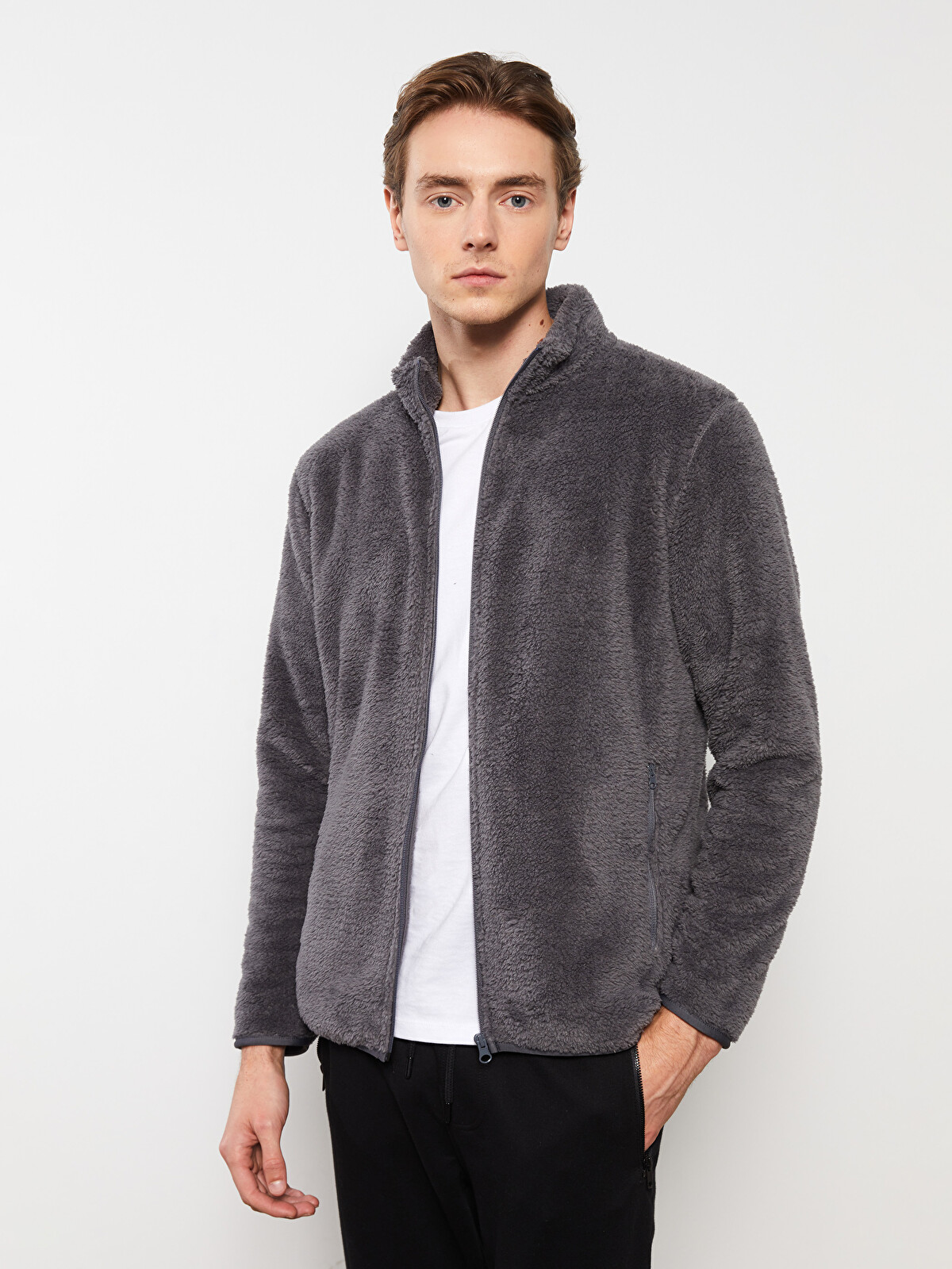 メンズウェア 8yards ERITSUKI Mocha Gray XL LCWAIKIKI Basic Rahat Kalıp Dik Yaka Pelüş Erkek Spor Hırka