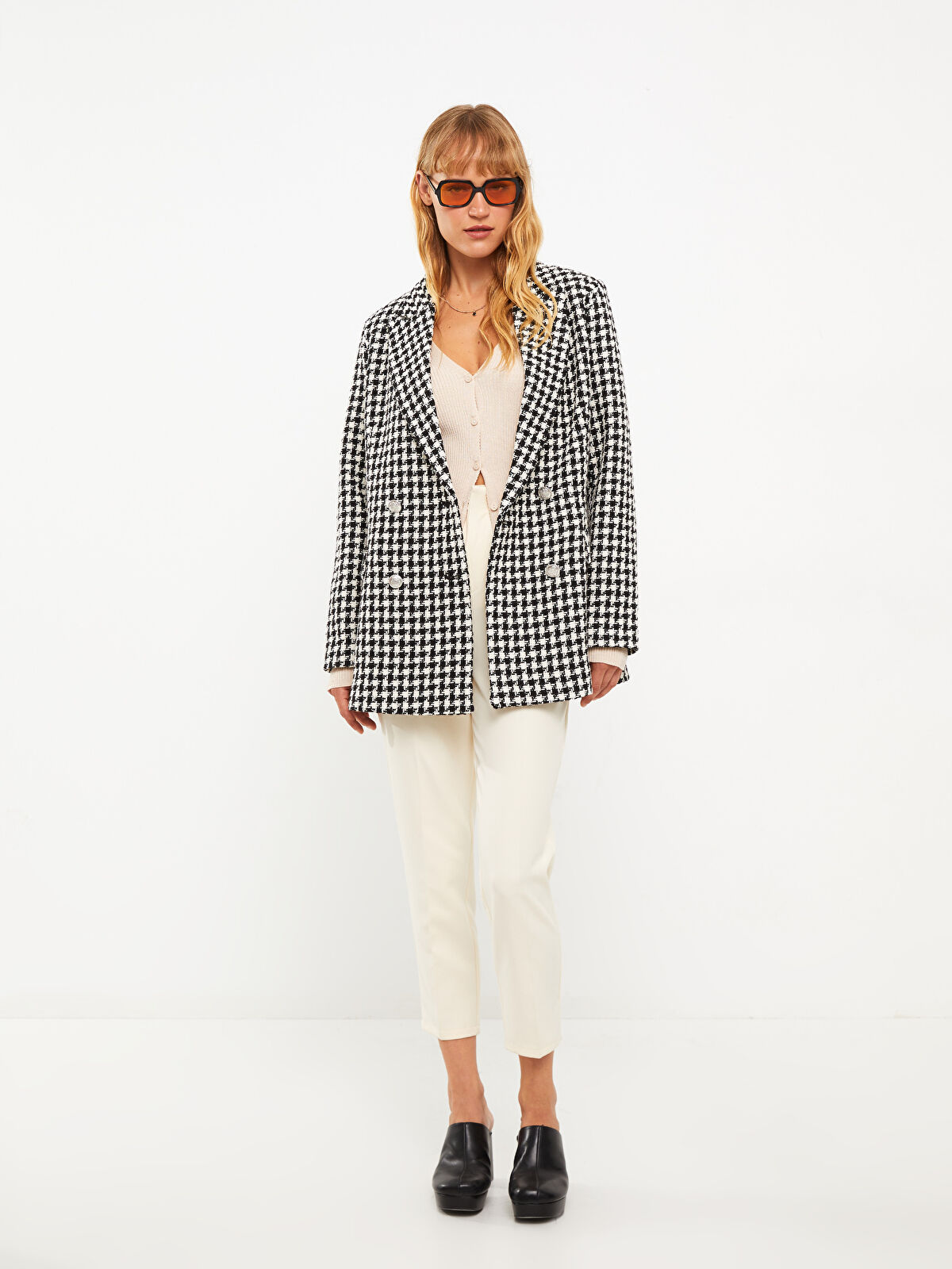 LCWAIKIKI Classic Crow's Foot Patterned Long Sleeved Tweed