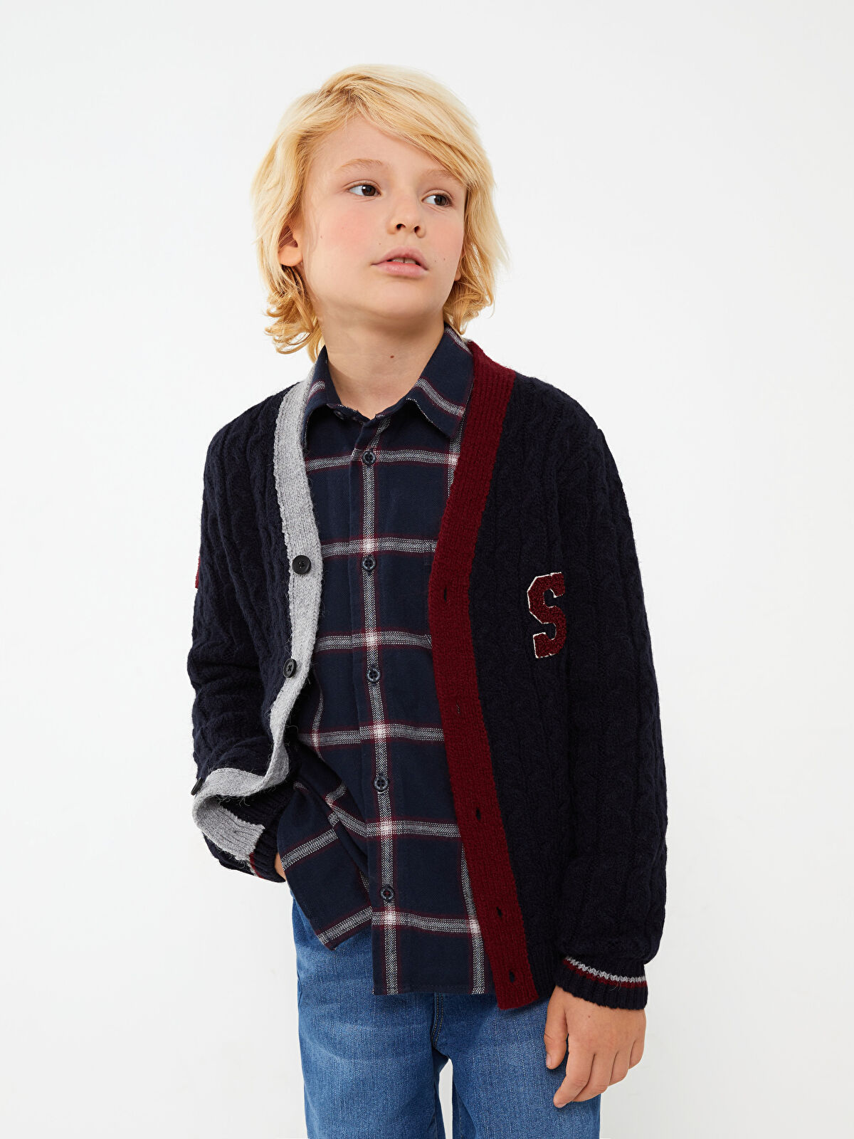 V Neck Embroidered Long Sleeve Boy Tricot Cardigan -W2H521Z4 V Neck Embroidered Long Sleeve Boy Tricot Cardigan -W2H521Z4