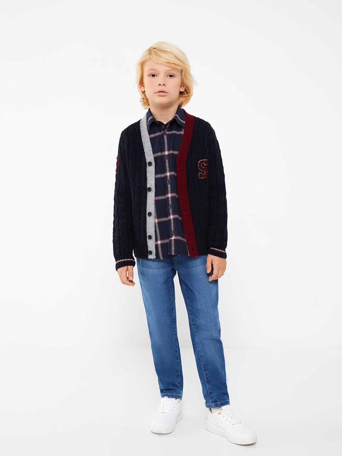 V Neck Embroidered Long Sleeve Boy Tricot Cardigan -W2H521Z4 V Neck Embroidered Long Sleeve Boy Tricot Cardigan -W2H521Z4