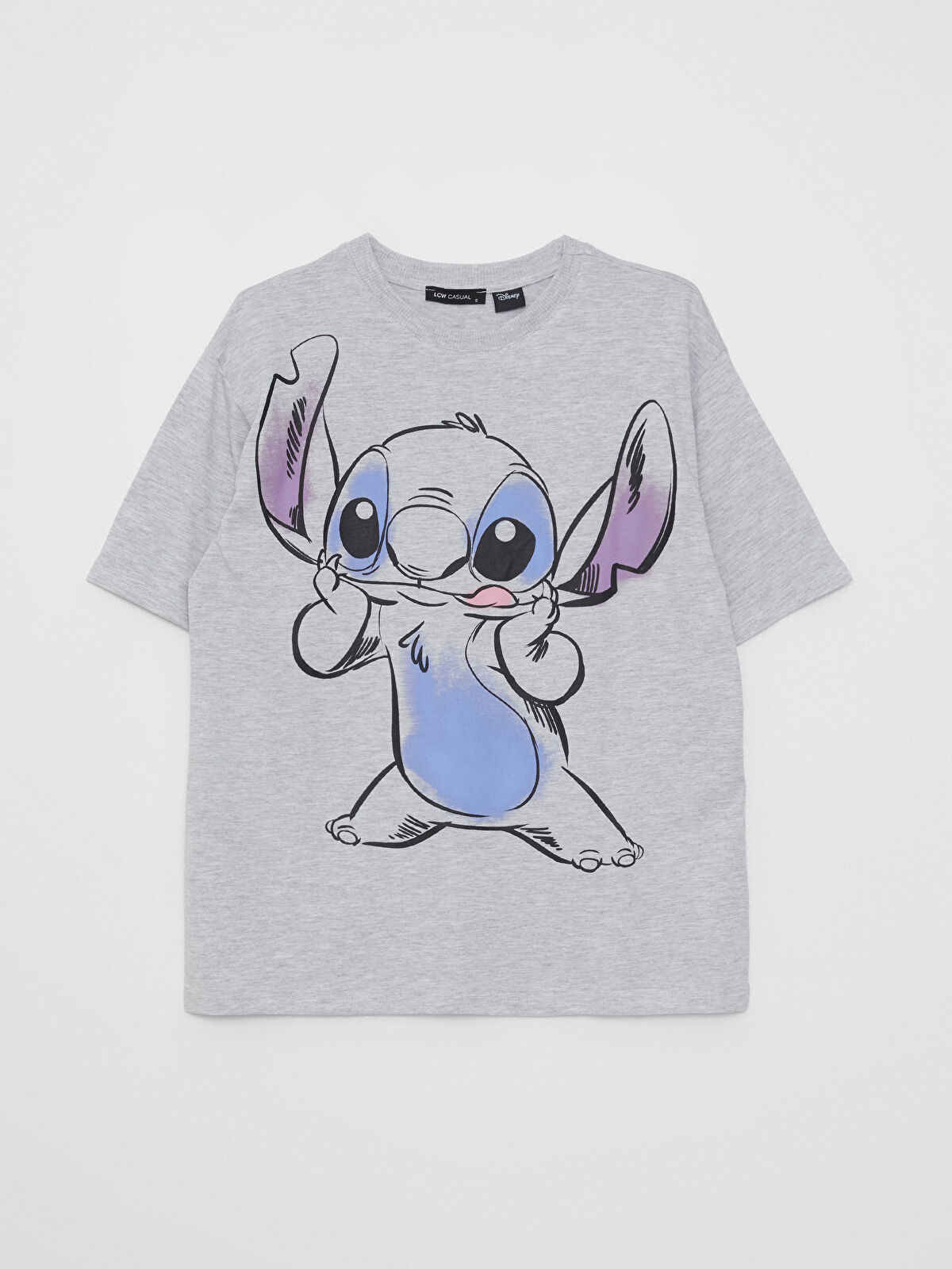 LCW Vision Gri Bisiklet Yaka Lilo & Stitch Baskılı Kısa Kollu