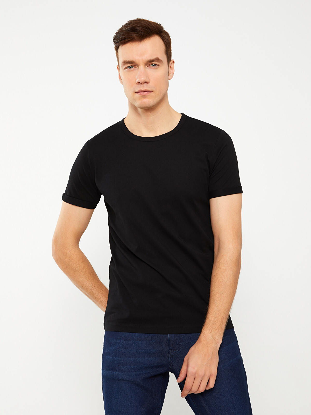 LCWAIKIKI Basic Siyah Bisiklet Yaka Penye Erkek Tişört - S30686Z8