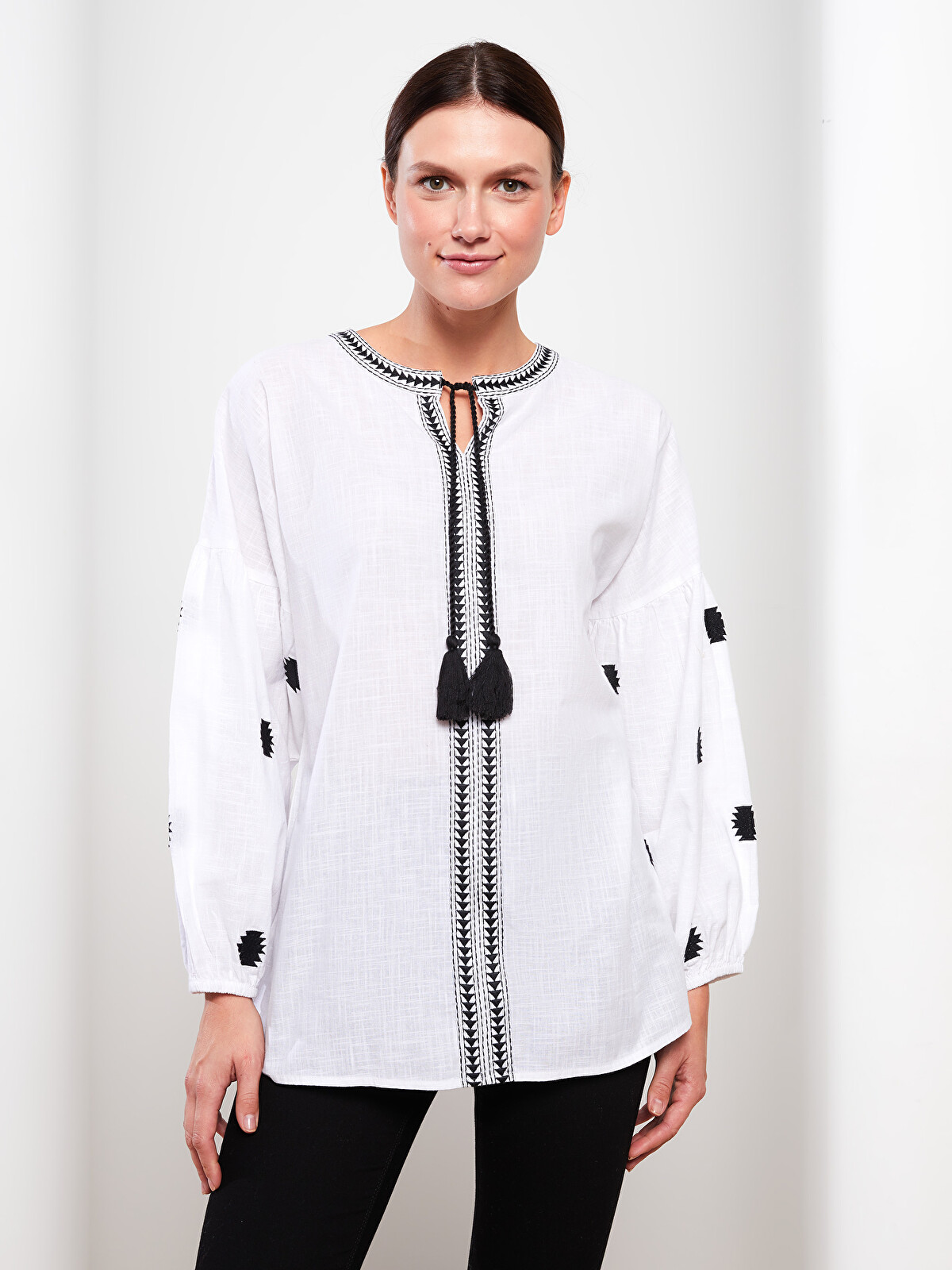 LCW Modest Tie Neck Embroidered Long Sleeve Women's Blouse
