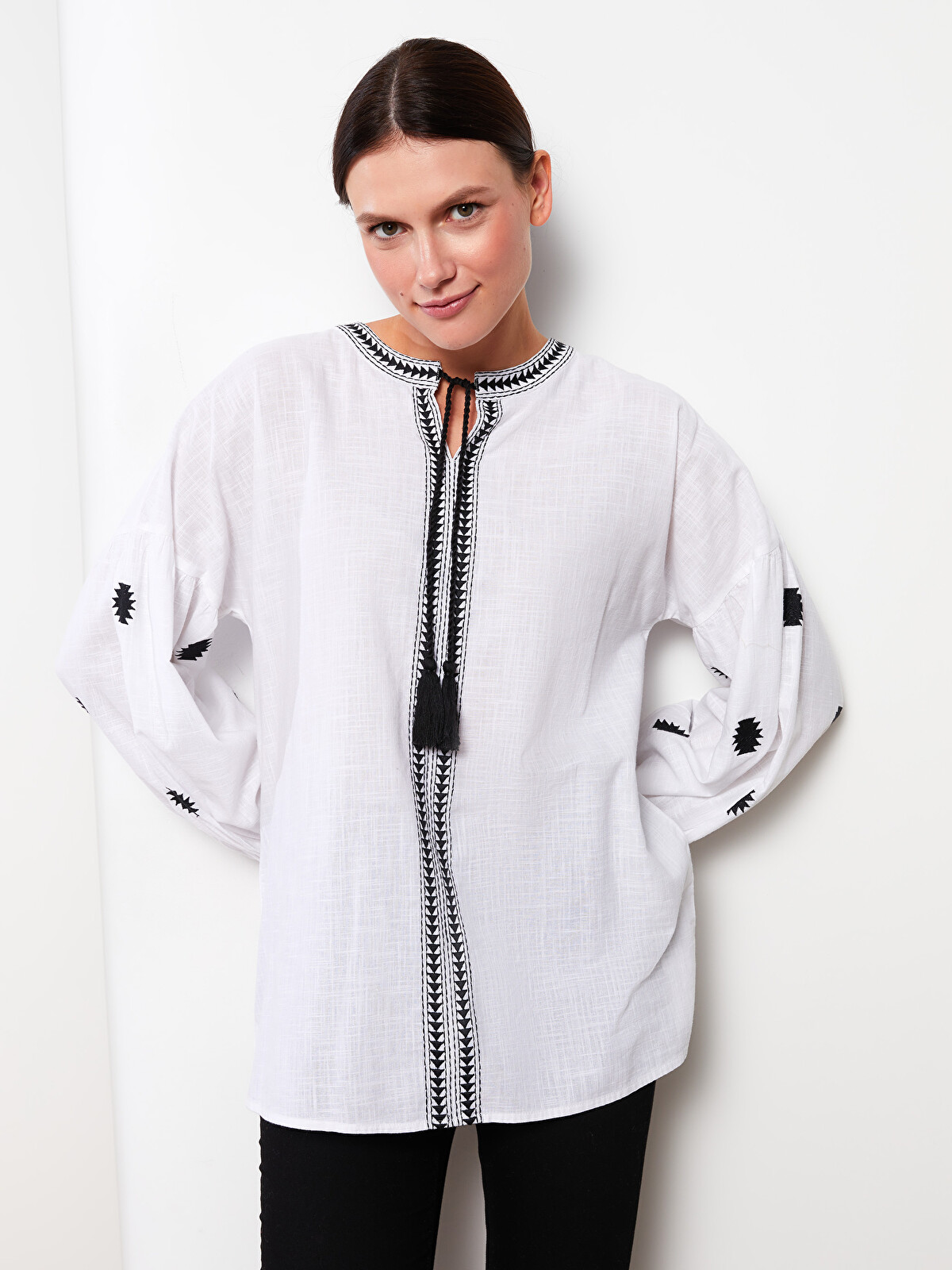 LCW Modest Tie Neck Embroidered Long Sleeve Women's Blouse